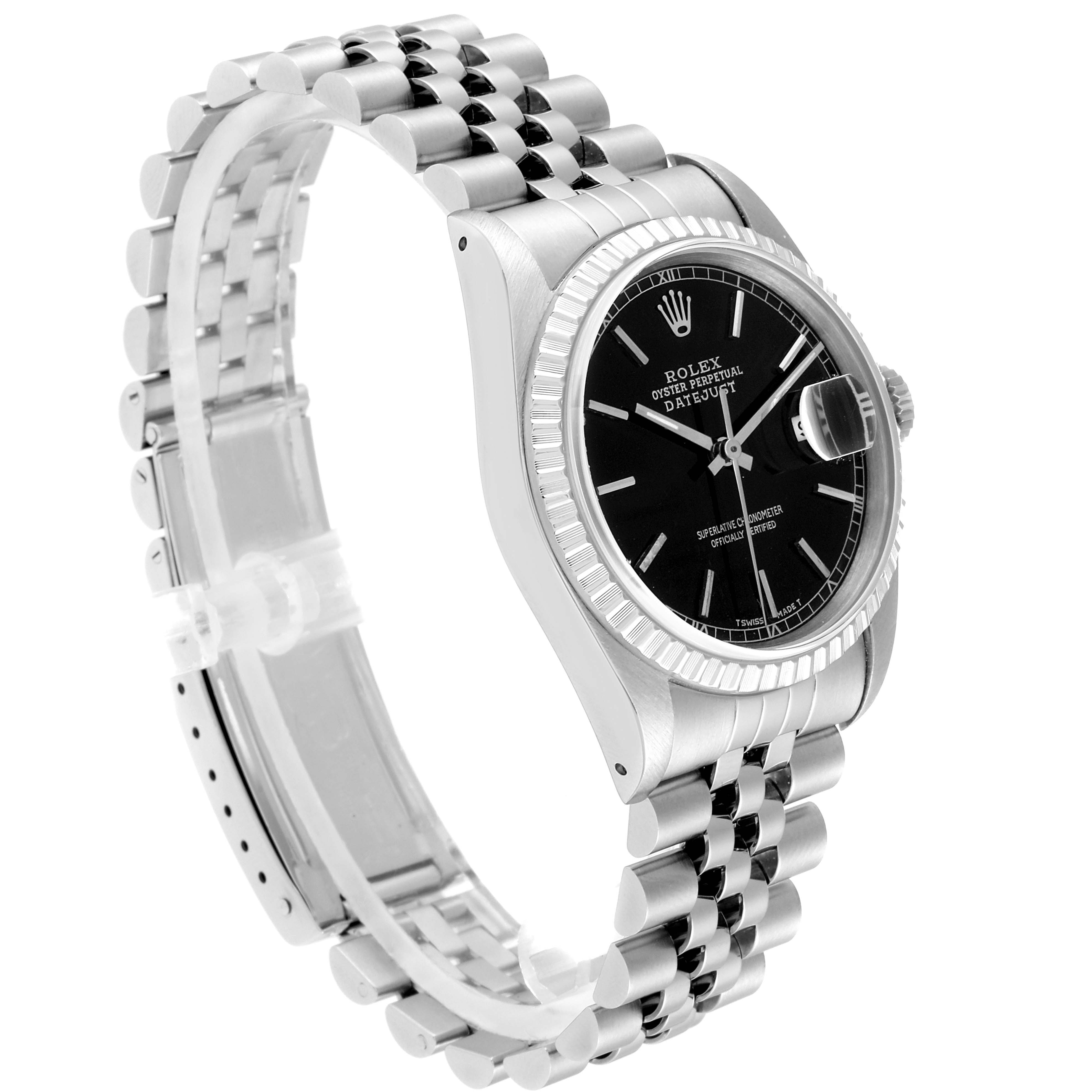 This image shows a side and partial front view of the Rolex Datejust 16220 Men
s Stainless Steel Black Dial 16220 Men
s Stainless Steel Black Dial watch, highlighting the dial, jubilee bracelet, bezel, and crown.