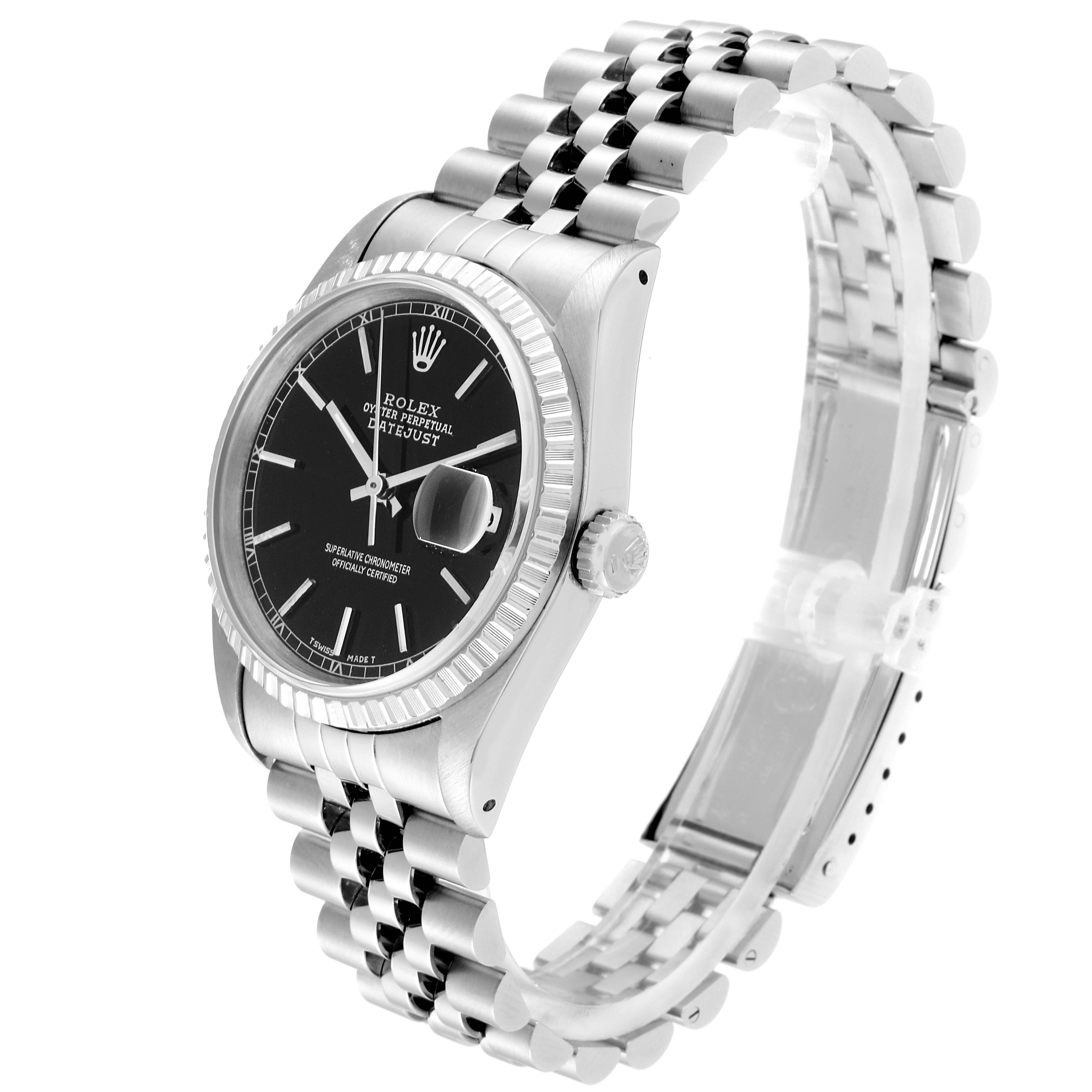 The image shows a side and front view of a Rolex Datejust 16220 Men
s Stainless Steel Black Dial 16220 Men
s Stainless Steel Black Dial watch, highlighting its face, bezel, crown, and bracelet.