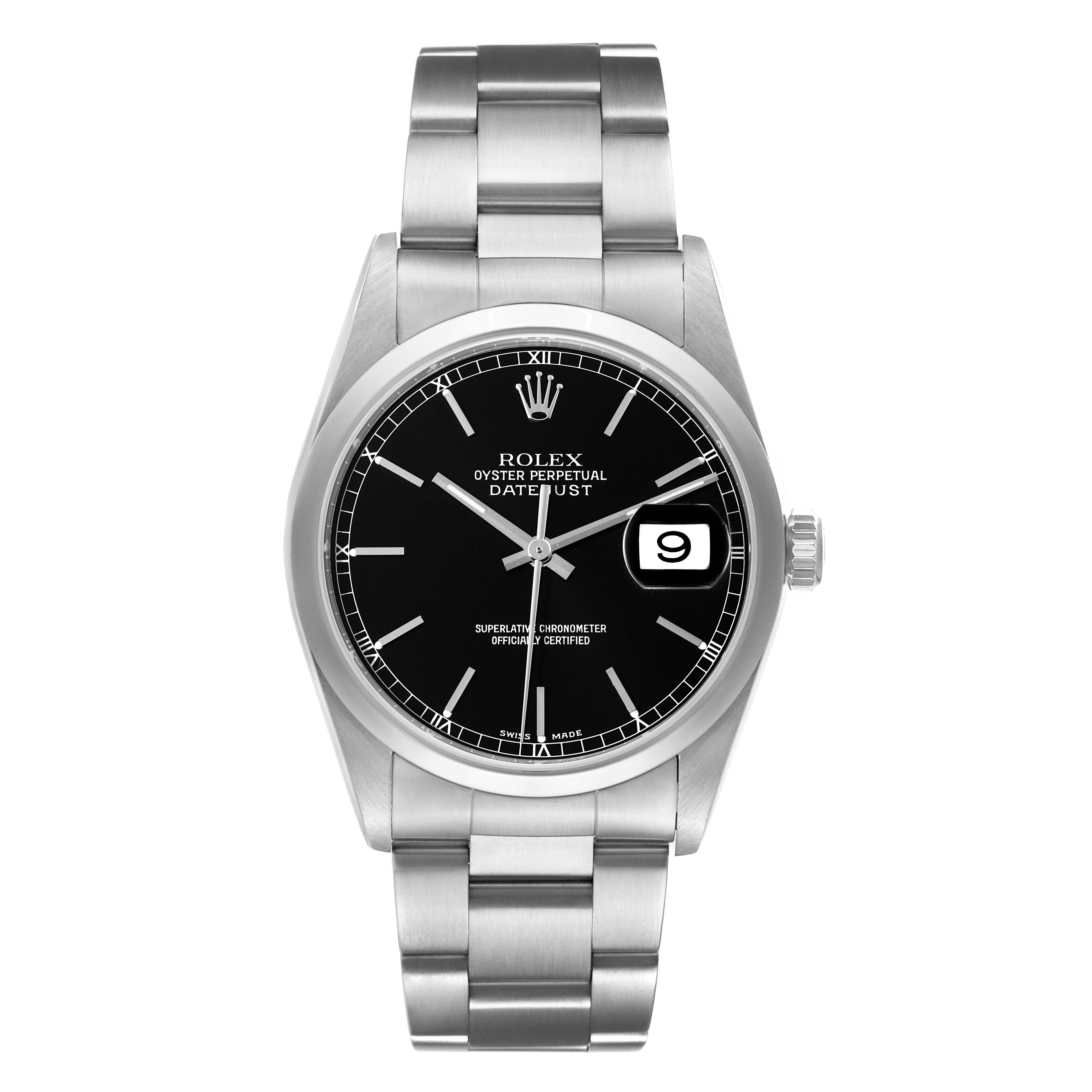 This image shows a front view of a Rolex Datejust 16200 Men's Stainless Steel Black Dial 16200 Men's Stainless Steel Black Dial watch, displaying its black dial, bezel, crown, and stainless steel bracelet.