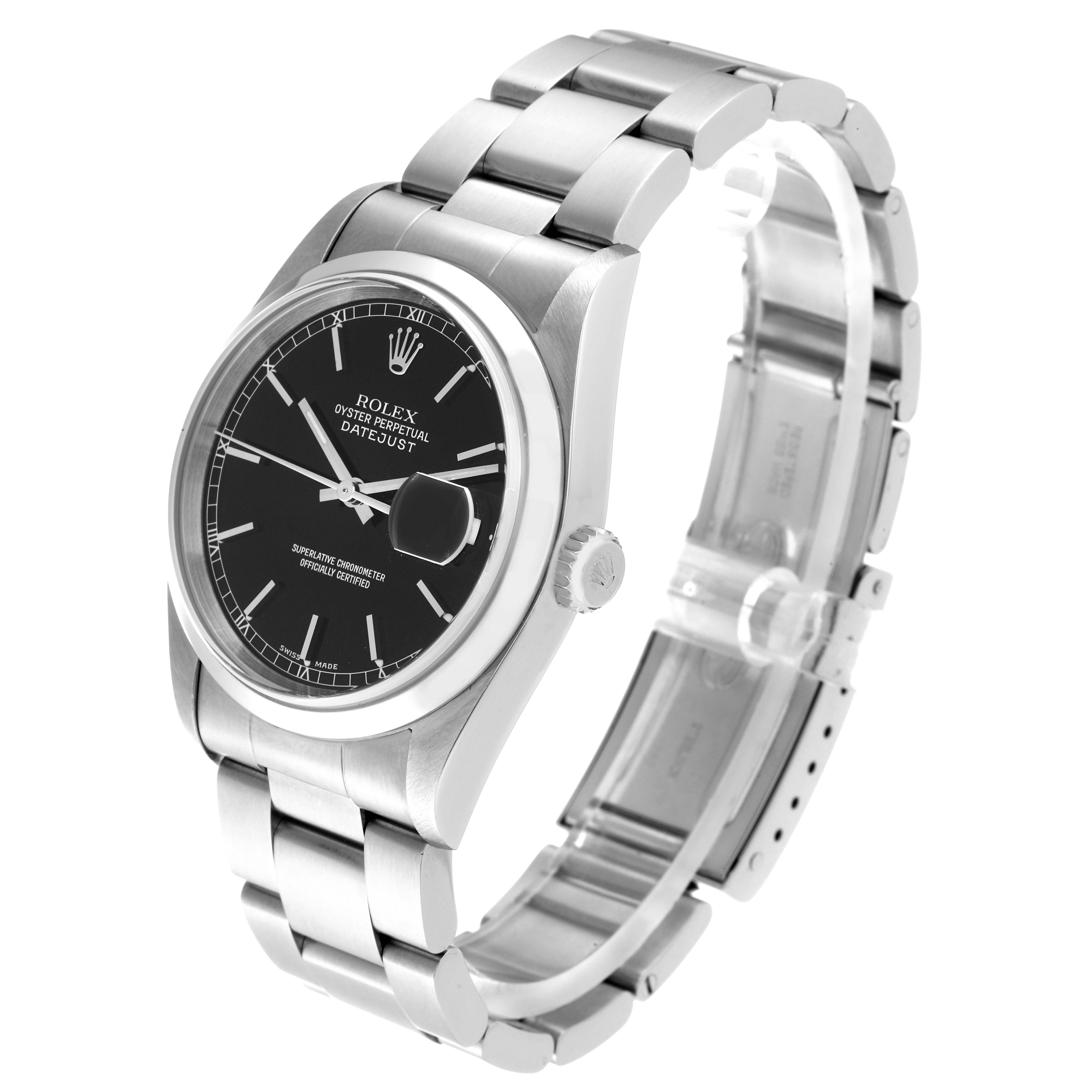 This image shows a Rolex Datejust 16200 Men's Stainless Steel Black Dial 16200 Men's Stainless Steel Black Dial watch from a three-quarter side angle, highlighting the black dial, bracelet, and clasp.