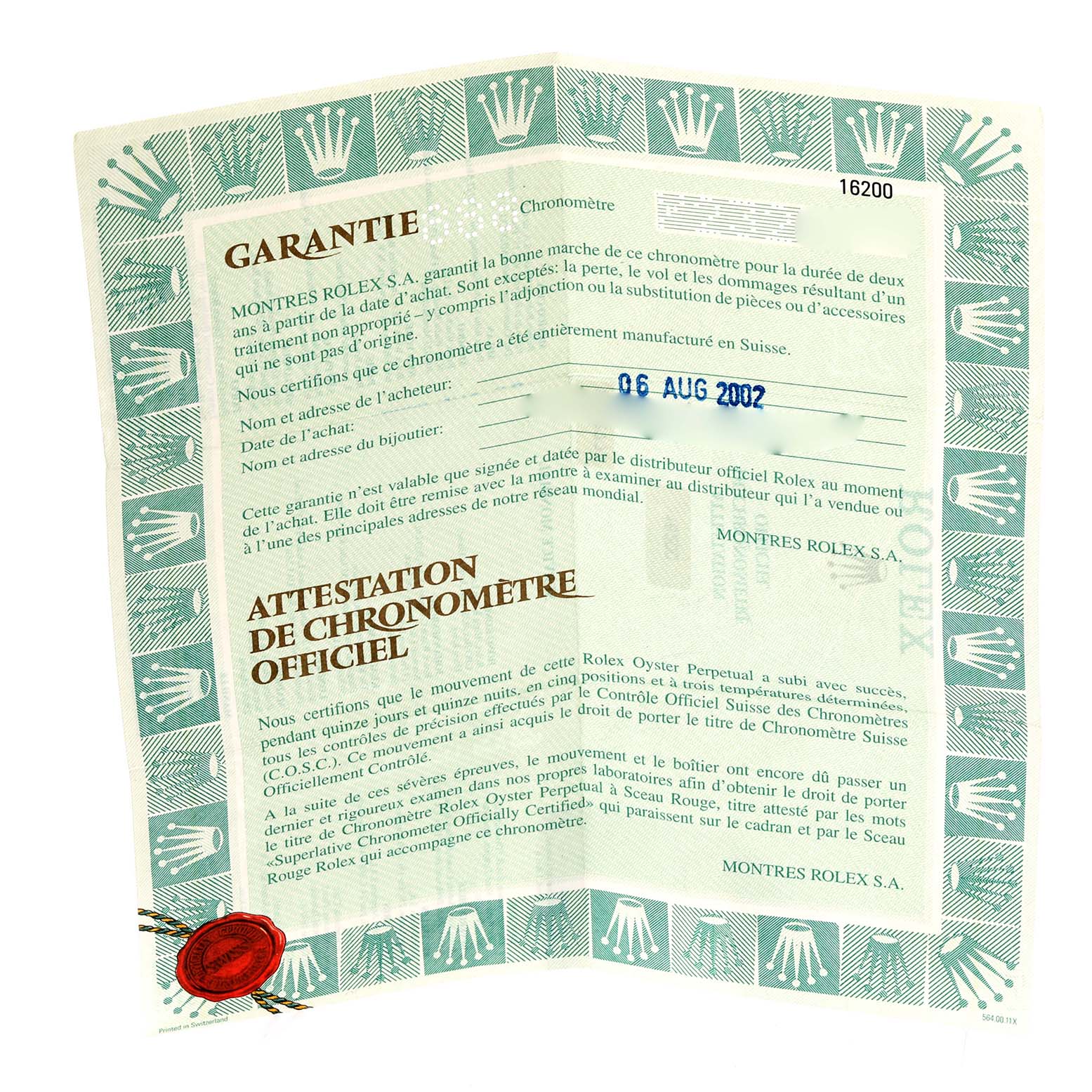 The image shows a warranty and certification document for a Rolex Datejust 16200 Men's Stainless Steel Black Dial 16200 Men's Stainless Steel Black Dial model, including a date and serial number.