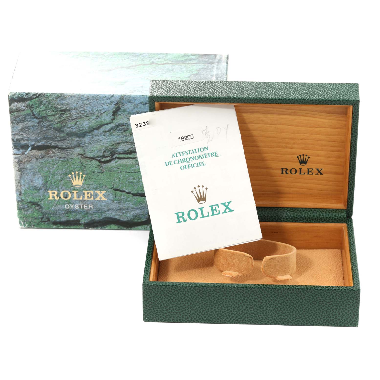 The image shows a Rolex Datejust 16200 Men's Stainless Steel Black Dial 16200 Men's Stainless Steel Black Dial watch box, along with its chronometer certificate placed inside an open green and wooden case.