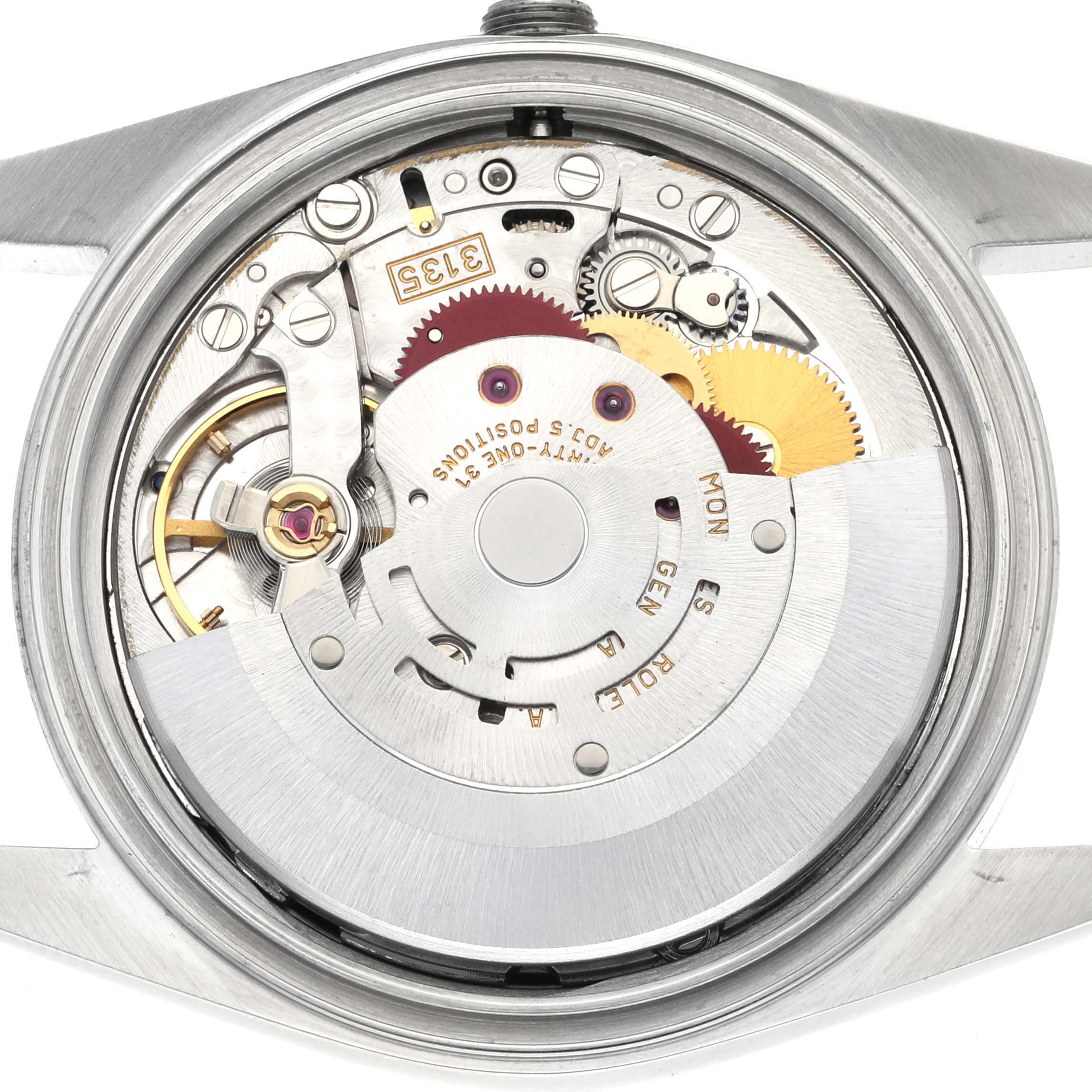 This image shows the back view of a Rolex Datejust 16200 Men's Stainless Steel Black Dial 16200 Men's Stainless Steel Black Dial watch, displaying the intricate mechanics and movement components.