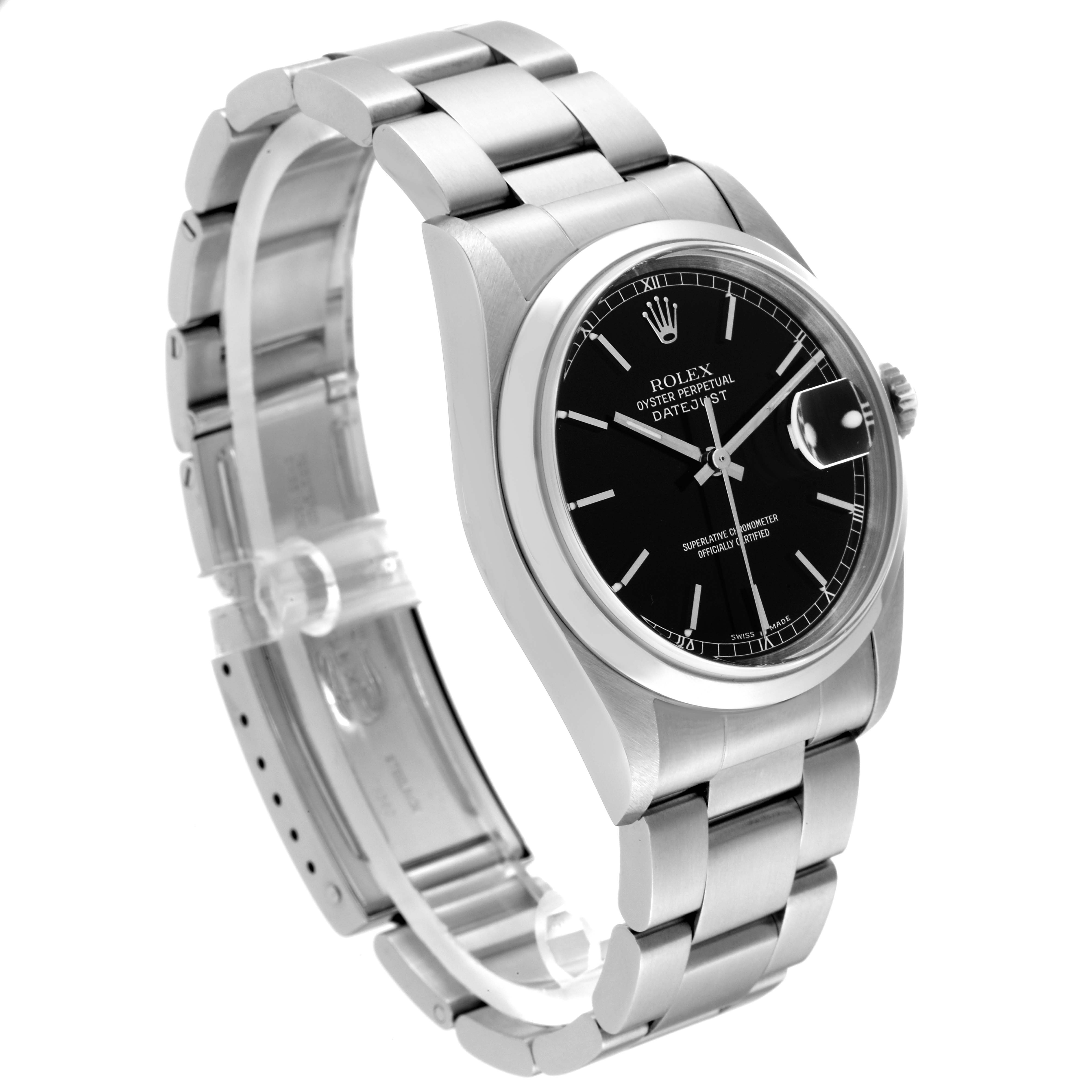 The Rolex Datejust 16200 Men's Stainless Steel Black Dial 16200 Men's Stainless Steel Black Dial watch is shown at a three-quarter angle, displaying the black dial, bracelet, and clasp.