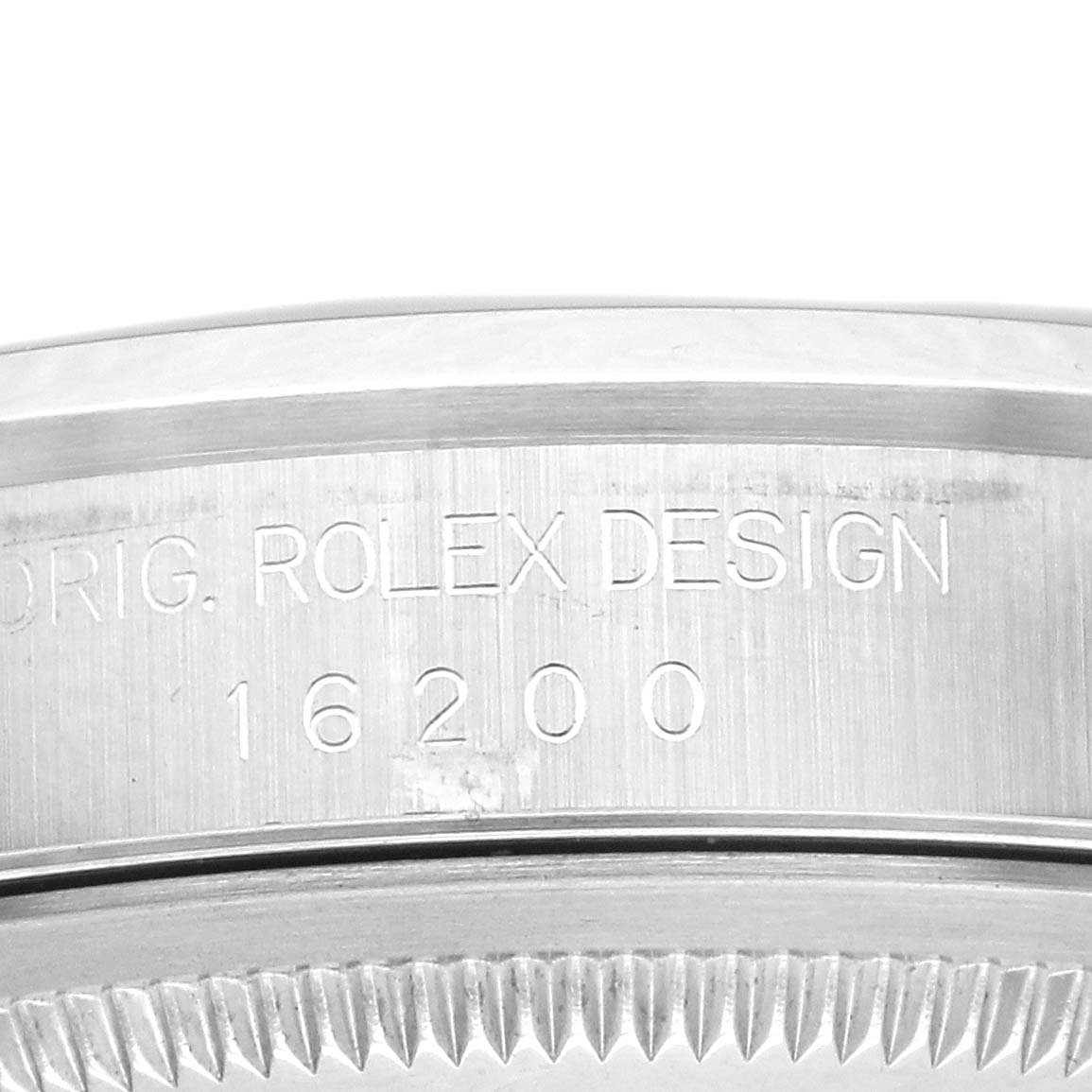 The image shows a close-up of the case side engraved with "ORIG. ROLEX DESIGN" and the model number 16200 of the Rolex Datejust 16200 Men's Stainless Steel Black Dial 16200 Men's Stainless Steel Black Dial watch.