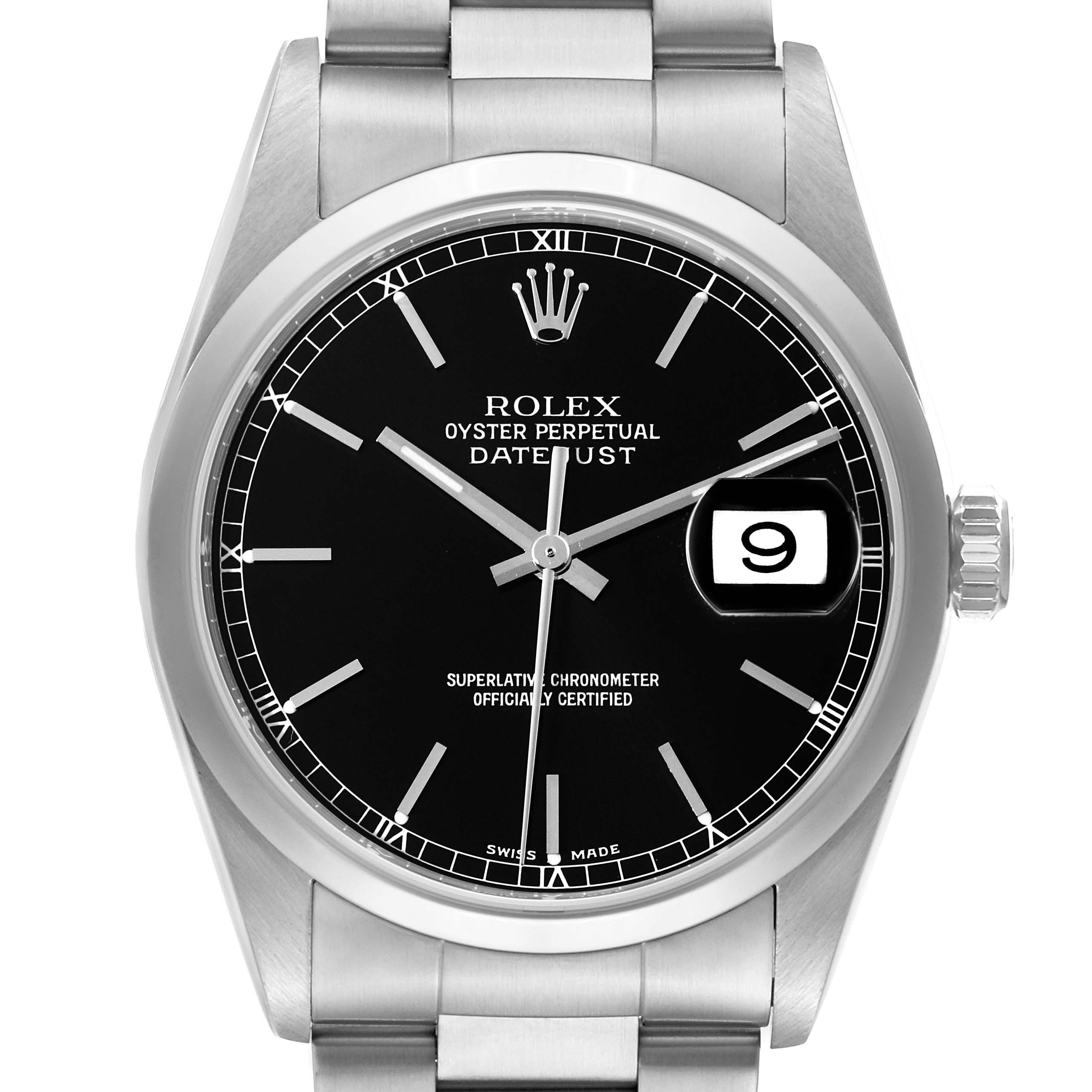 The image shows a frontal view of a Rolex Datejust 16200 Men's Stainless Steel Black Dial 16200 Men's Stainless Steel Black Dial watch, displaying the dial, hands, crown, and part of the bracelet.