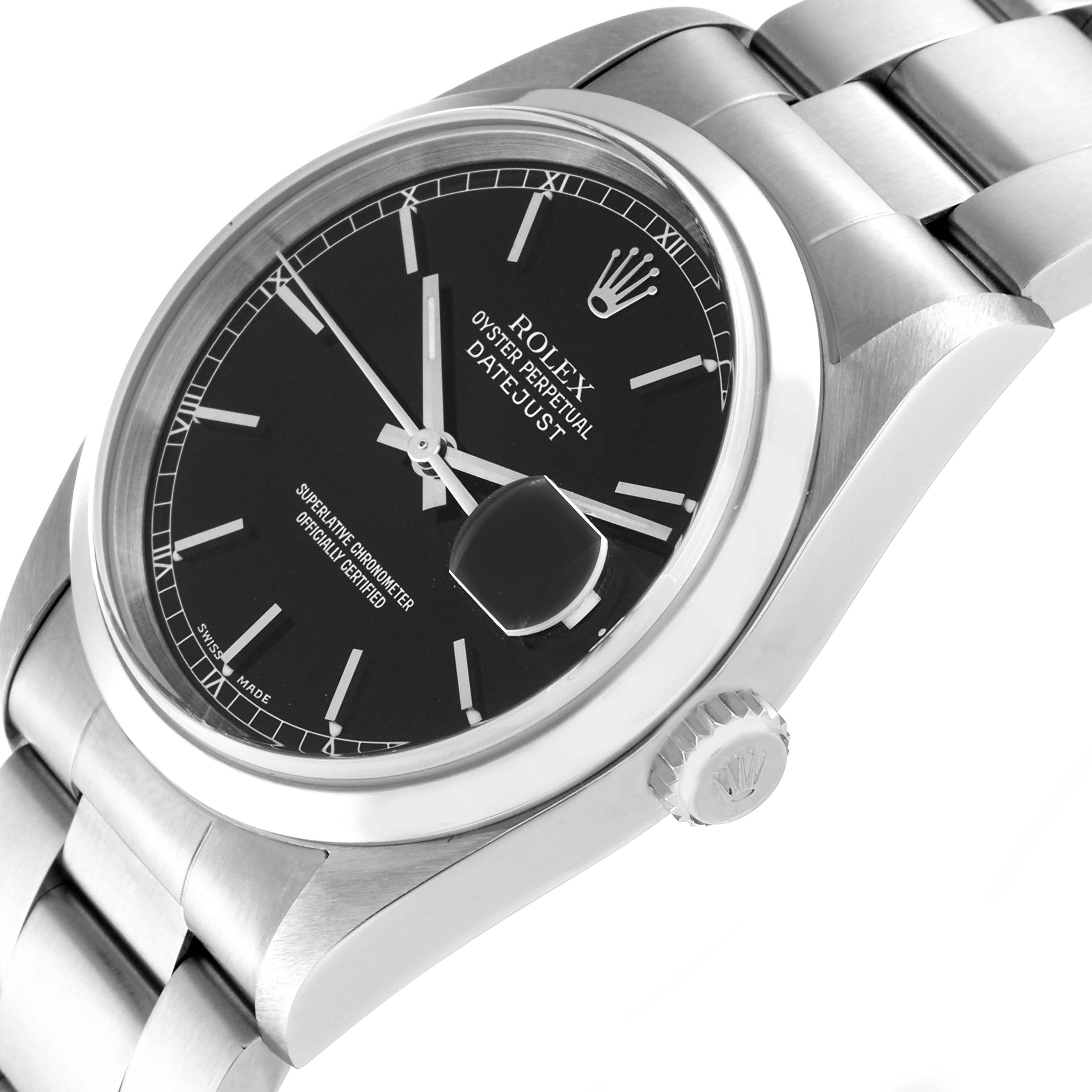 This image shows a Rolex Datejust 16200 Men's Stainless Steel Black Dial 16200 Men's Stainless Steel Black Dial watch at a three-quarter angle, highlighting its black dial, date magnifier, and stainless steel bracelet.