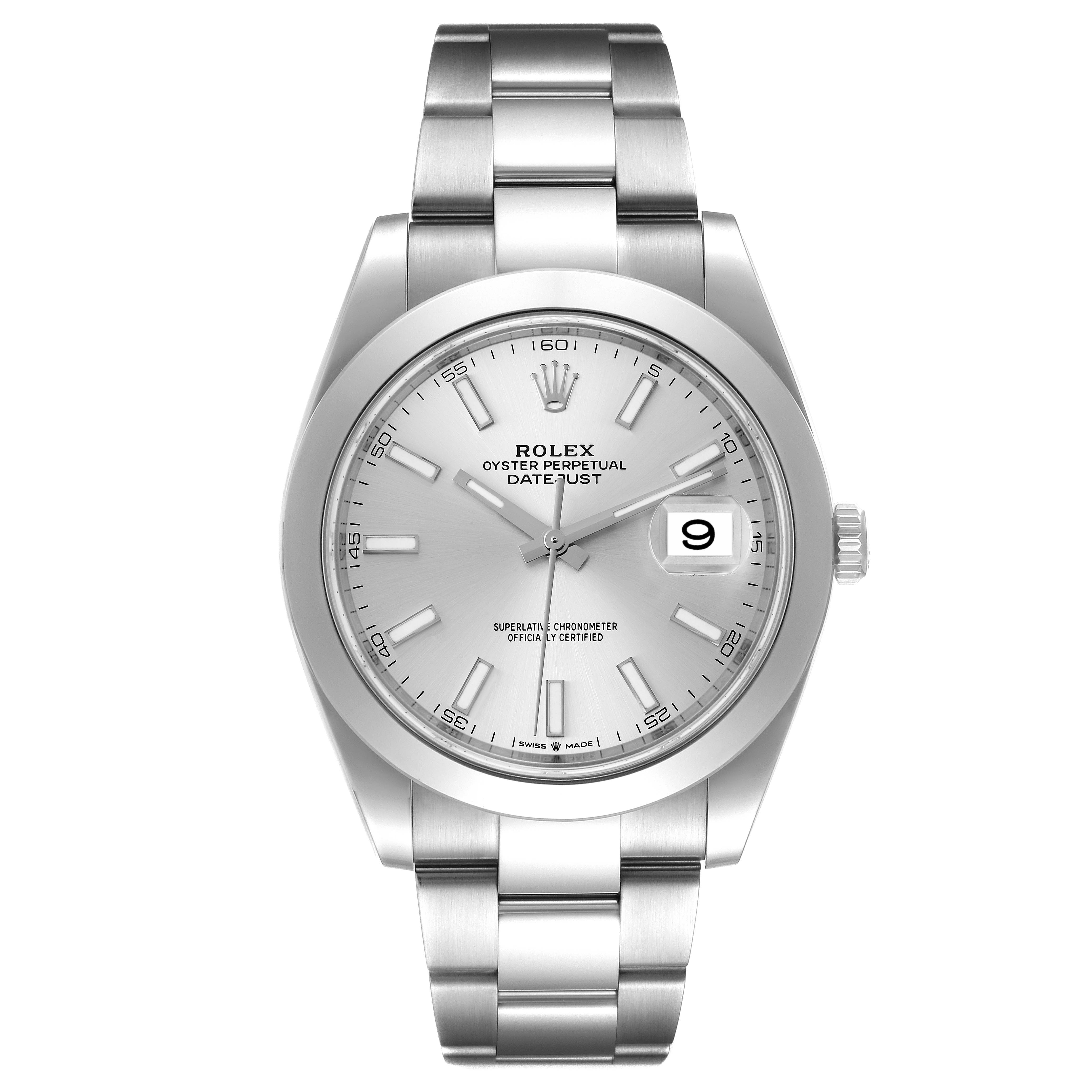 The Rolex Datejust 41 126300 Men's Stainless Steel Silver Dial 126300 Men's Stainless Steel Silver Dial model is shown from a front angle, displaying its silver dial, bracelet, case, and date window at 3 o'clock.