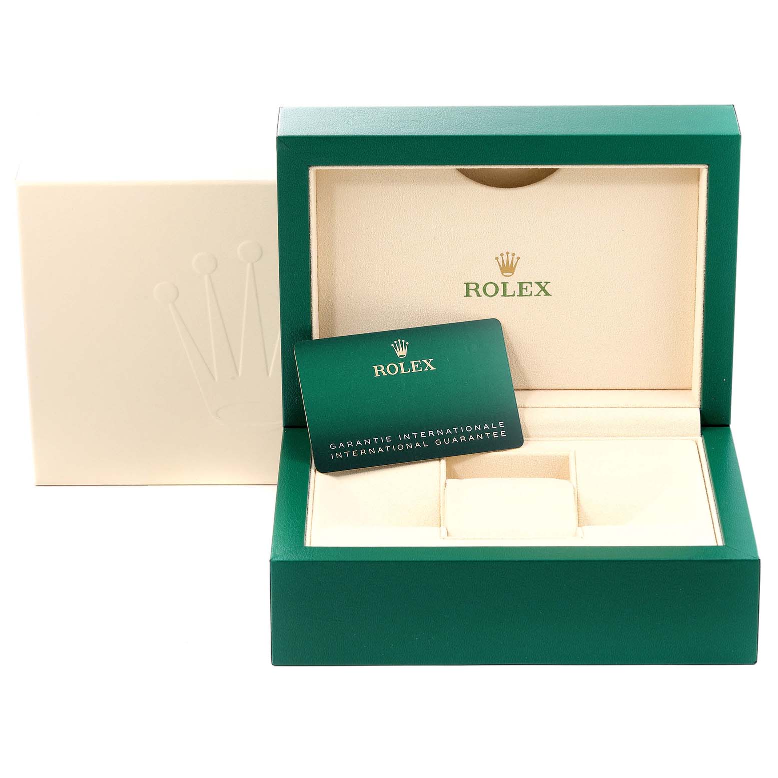 This image shows the open box and international guarantee card for the Rolex Datejust 41 126300 Men's Stainless Steel Silver Dial 126300 Men's Stainless Steel Silver Dial model.