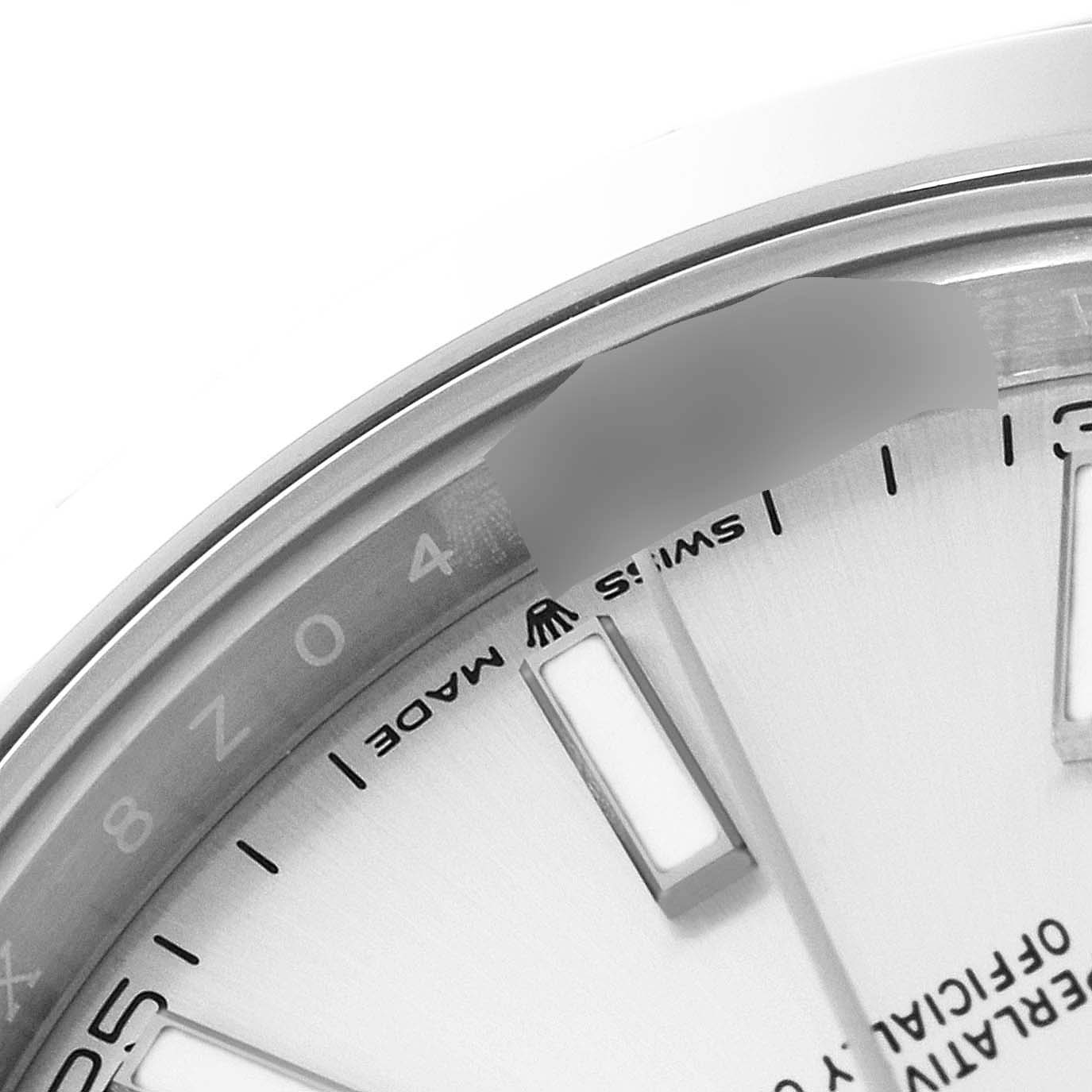 The image shows a close-up of the dial and bezel of a Rolex Datejust 41 126300 Men's Stainless Steel Silver Dial 126300 Men's Stainless Steel Silver Dial watch, highlighting the markers and "Swiss Made" text.
