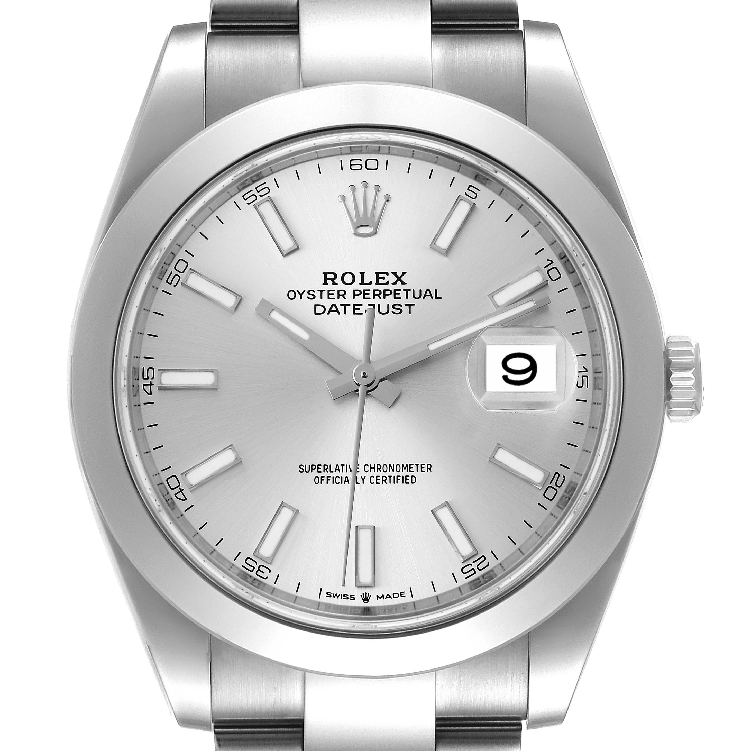 The image shows the dial, bezel, and part of the bracelet of the Rolex Datejust 41 126300 Men's Stainless Steel Silver Dial 126300 Men's Stainless Steel Silver Dial model from a front angle.