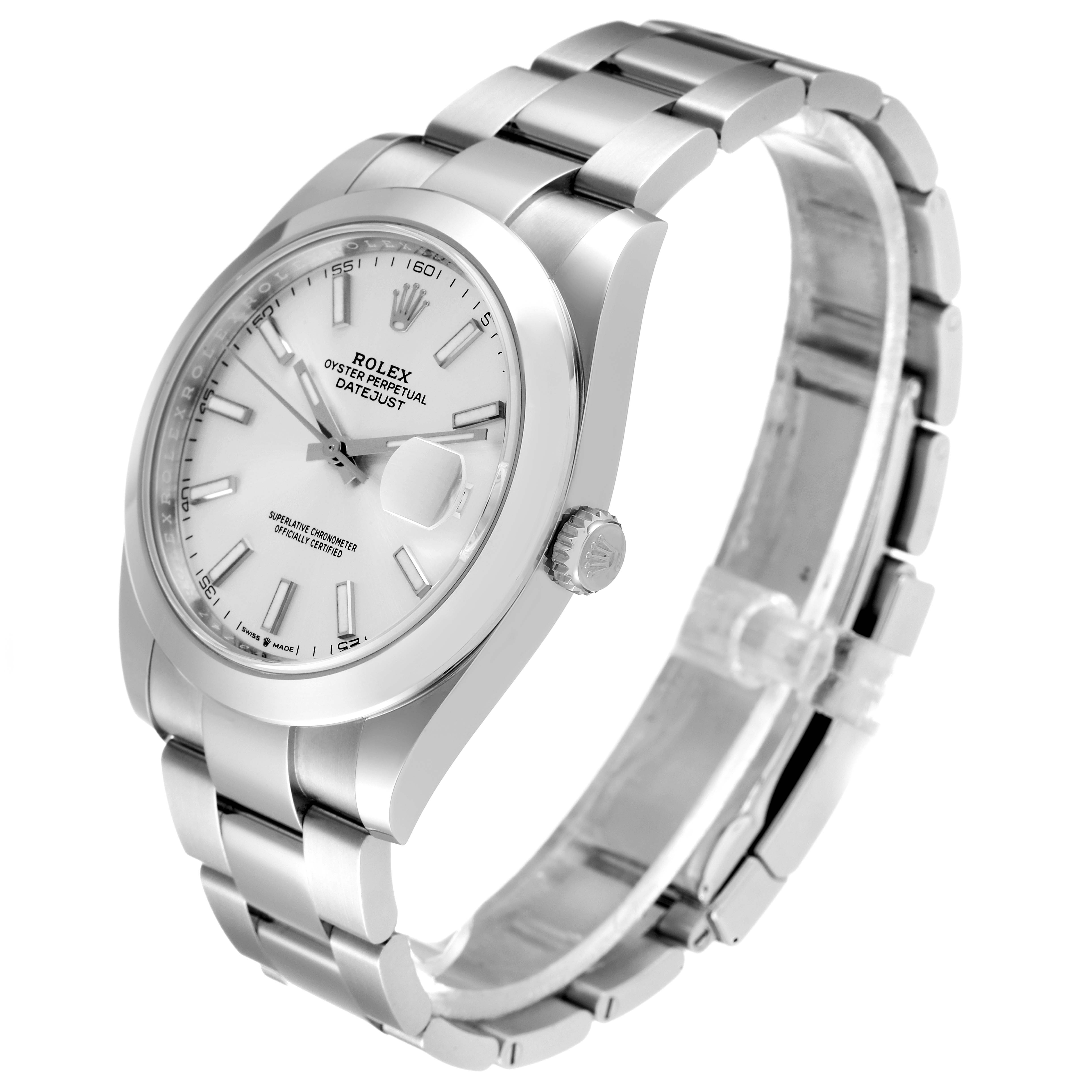 The Rolex Datejust 41 126300 Men's Stainless Steel Silver Dial 126300 Men's Stainless Steel Silver Dial watch is shown at a three-quarter view angle, highlighting its face, bezel, crown, and metal bracelet.