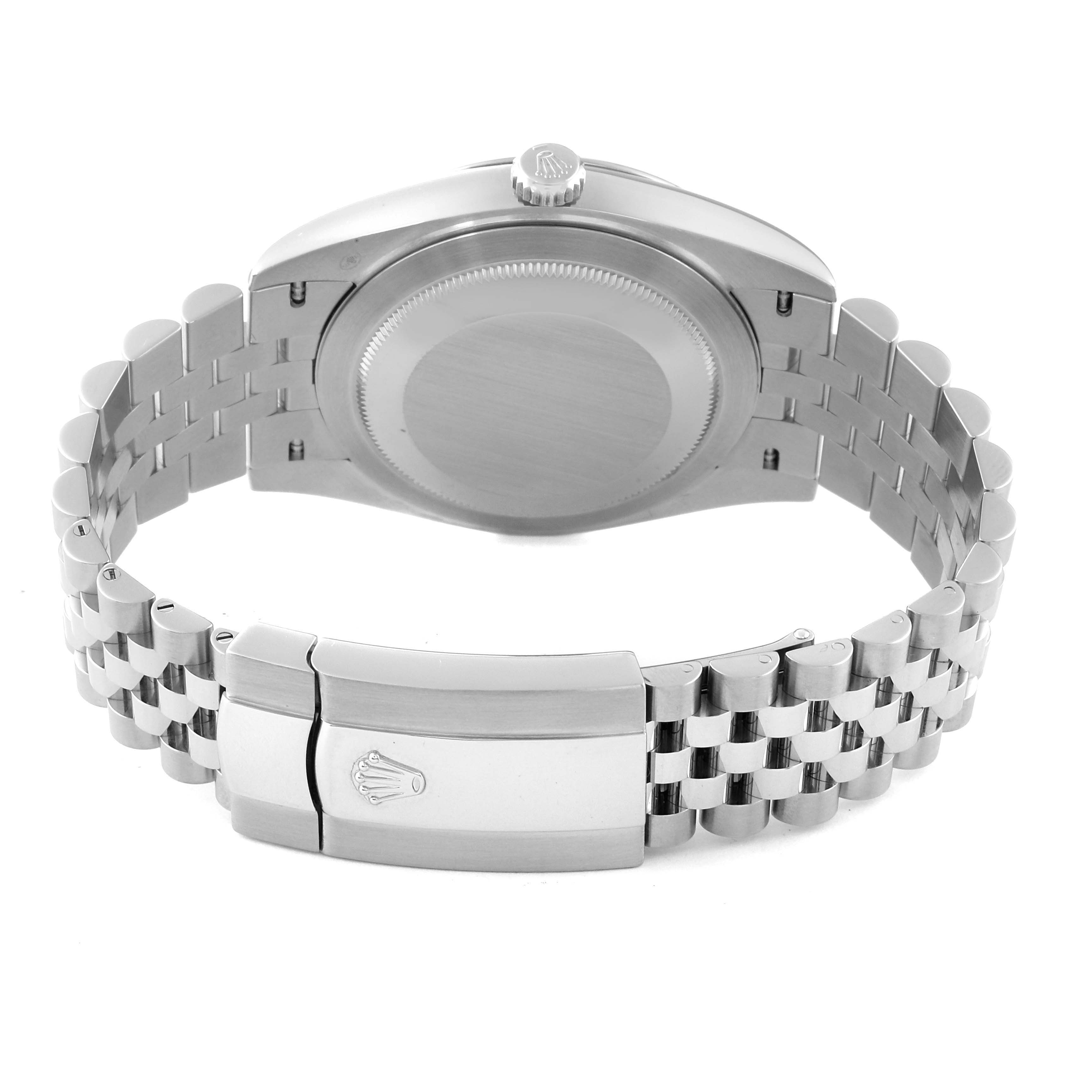 The image shows the back case and bracelet clasp of a Rolex Datejust 41 126334 Men
s Stainless Steel Green Dial 126334 Men
s Stainless Steel Green Dial watch viewed from the rear.