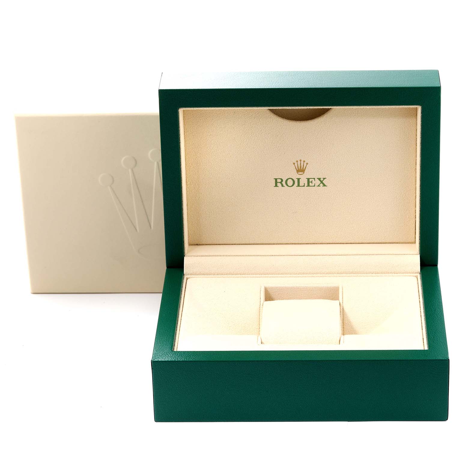 This image shows an open Rolex Datejust 41 126334 Men
s Stainless Steel Green Dial 126334 Men
s Stainless Steel Green Dial box displaying its beige interior and compartments with the green cover in the background.