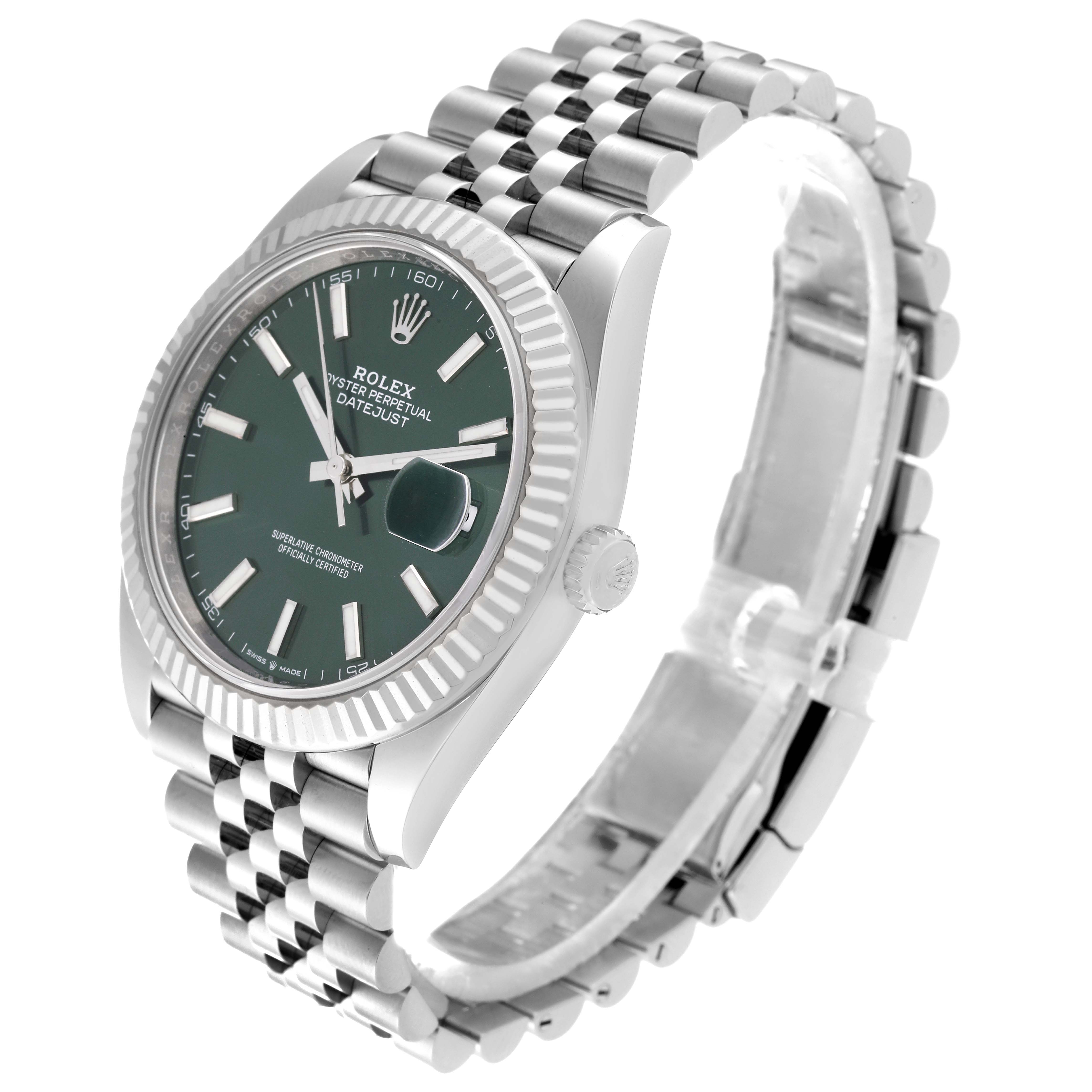 The image shows a Rolex Datejust 41 126334 Men
s Stainless Steel Green Dial 126334 Men
s Stainless Steel Green Dial watch from an angled side view, highlighting the face, bezel, and part of the band.
