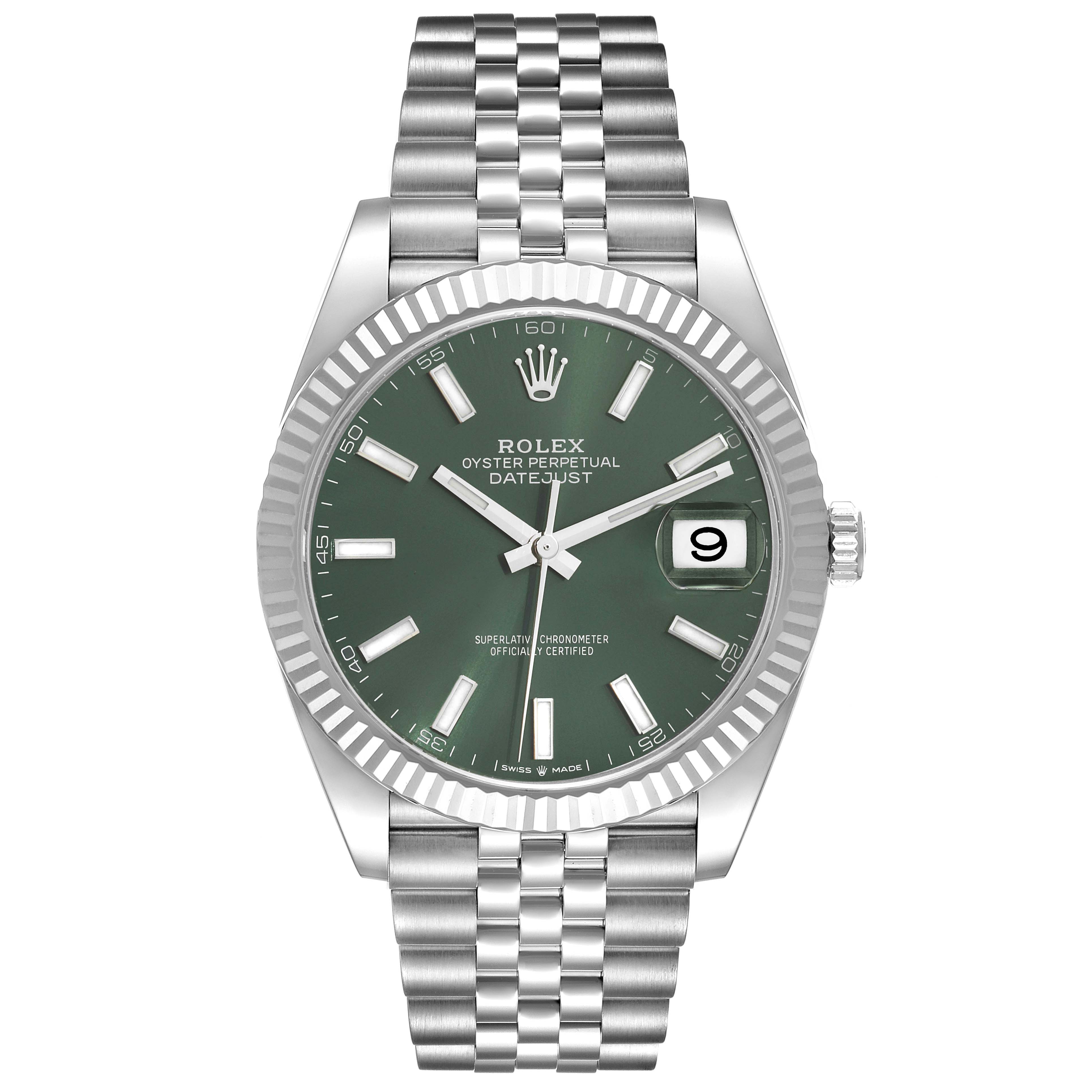 The image shows a front view of the Rolex Datejust 41 126334 Men
s Stainless Steel Green Dial 126334 Men
s Stainless Steel Green Dial model, highlighting its green dial, fluted bezel, and jubilee bracelet.