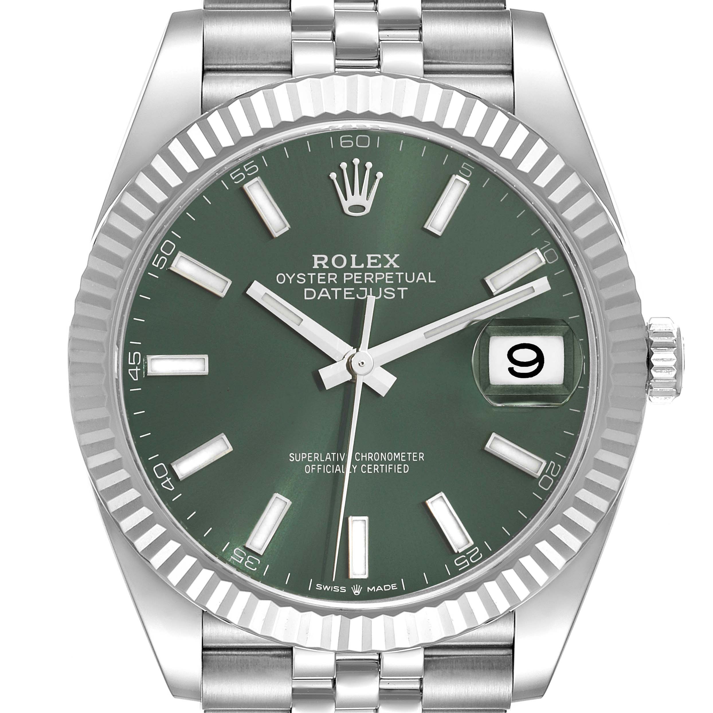 This is a frontal view of the Rolex Datejust 41 126334 Men
s Stainless Steel Green Dial 126334 Men
s Stainless Steel Green Dial, showing the green dial, date window, fluted bezel, and Jubilee bracelet.