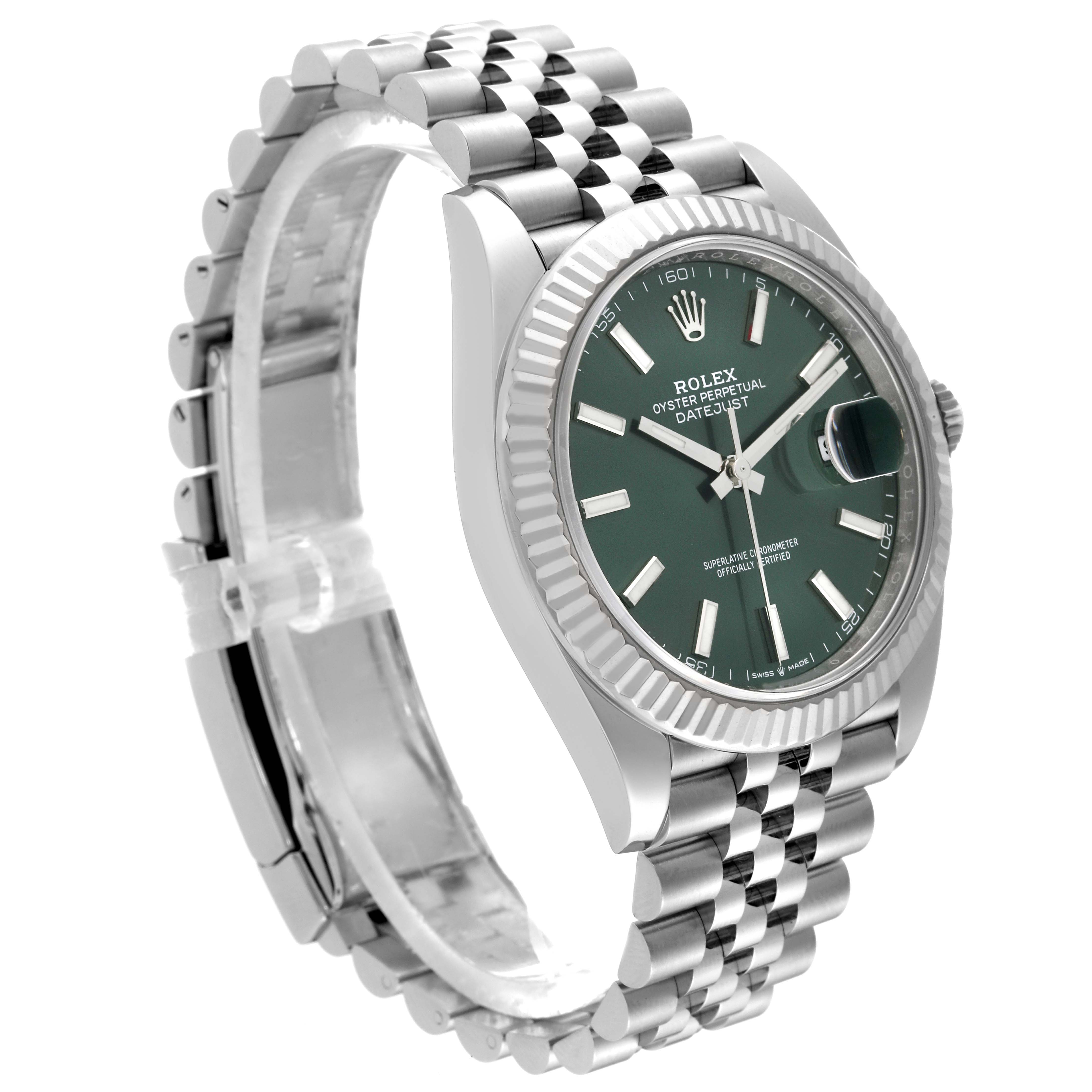 The image shows a Rolex Datejust 41 126334 Men
s Stainless Steel Green Dial 126334 Men
s Stainless Steel Green Dial watch at a three-quarter angle, displaying the green dial, fluted bezel, and Jubilee bracelet.