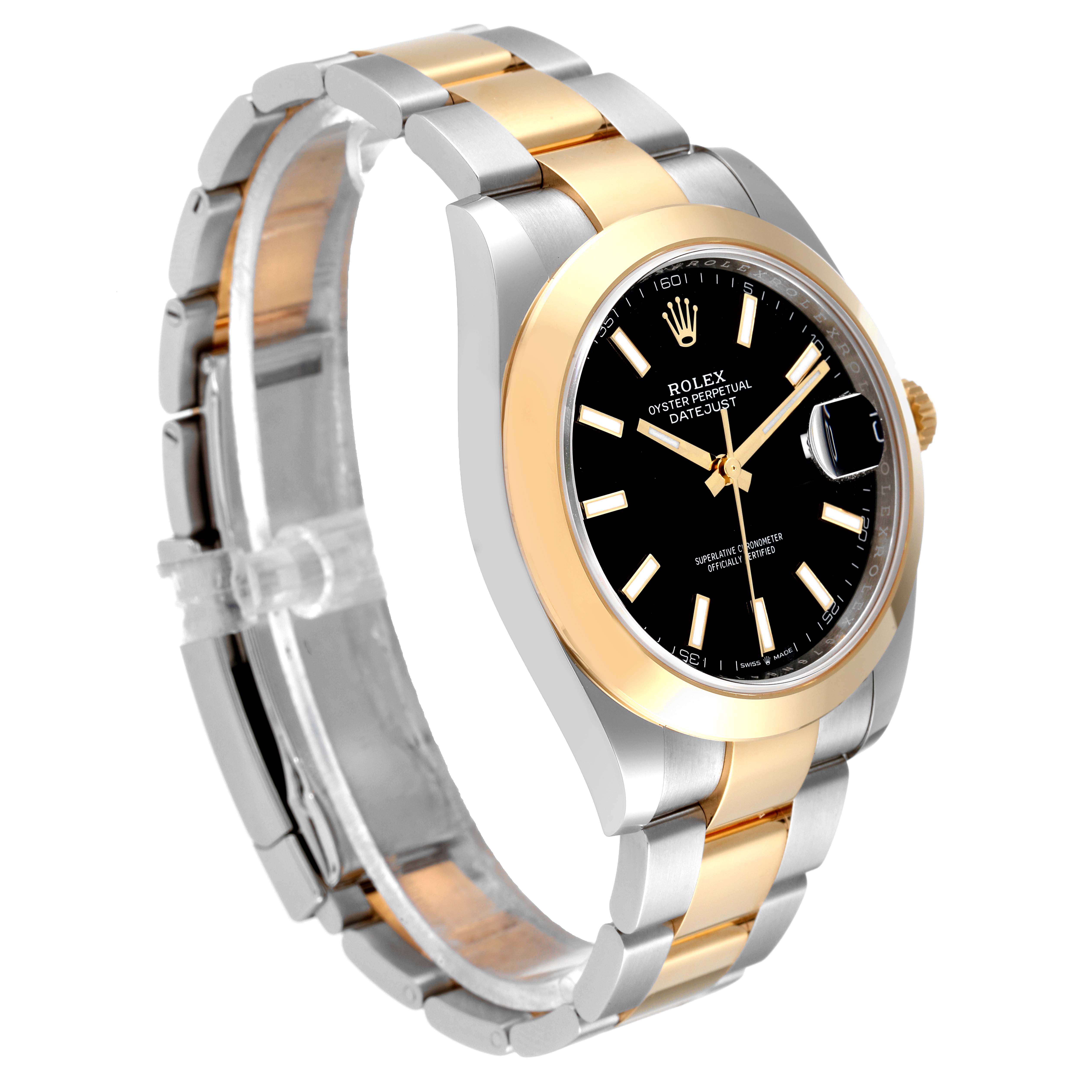 The image shows a side angle view of the Rolex Datejust 41 126303 Men's Steel and Gold (two tone) Black Dial 126303 Men's Steel and Gold (two tone) Black Dial watch, focusing on its black dial, two-tone bracelet, and case.