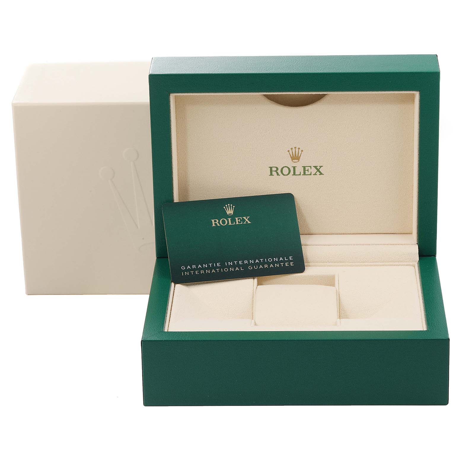 The image shows the green and beige box and warranty card for a Rolex Datejust 41 126303 Men's Steel and Gold (two tone) Black Dial 126303 Men's Steel and Gold (two tone) Black Dial.