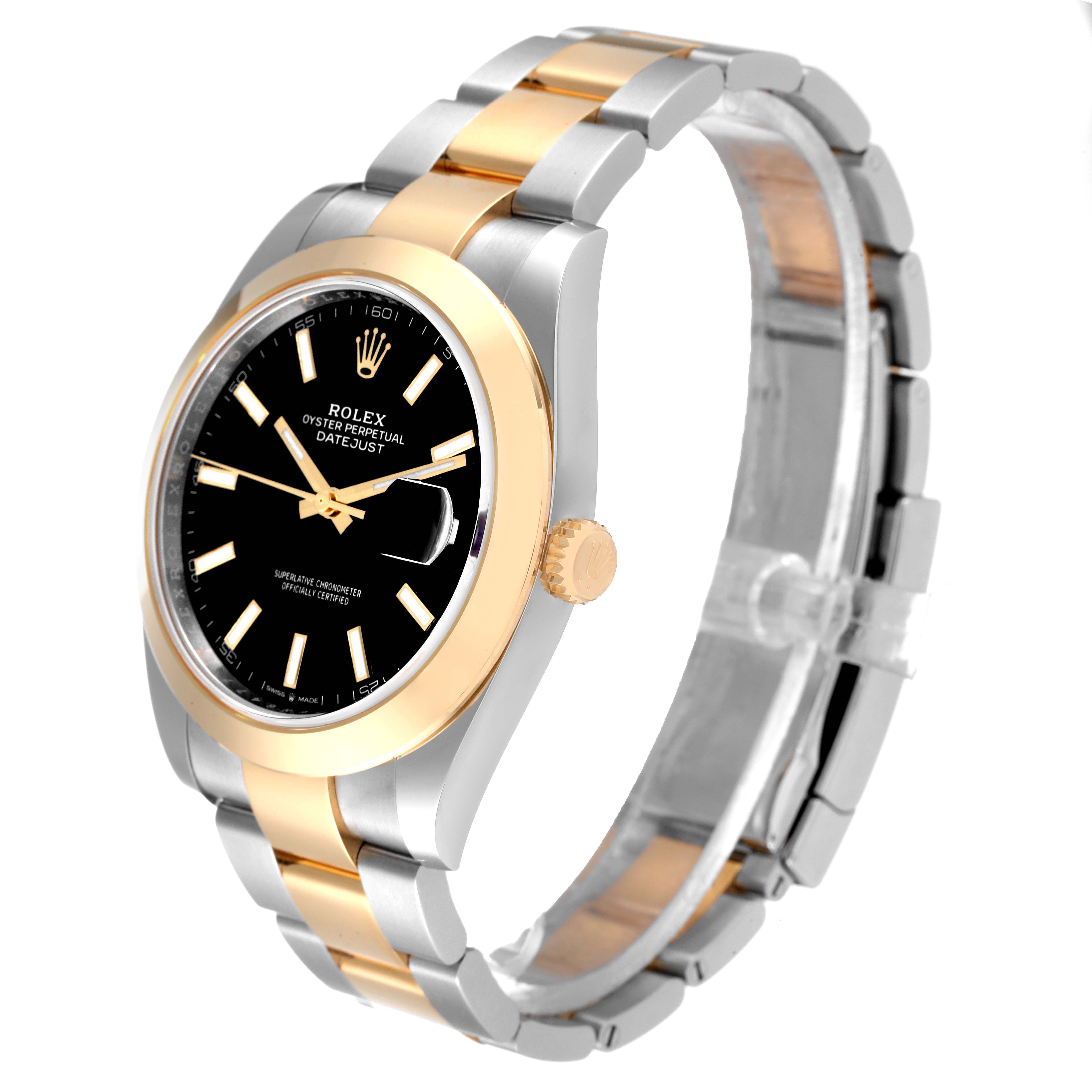 The Rolex Datejust 41 126303 Men's Steel and Gold (two tone) Black Dial 126303 Men's Steel and Gold (two tone) Black Dial watch shown is at an angle displaying the face, crown, and part of the bracelet.