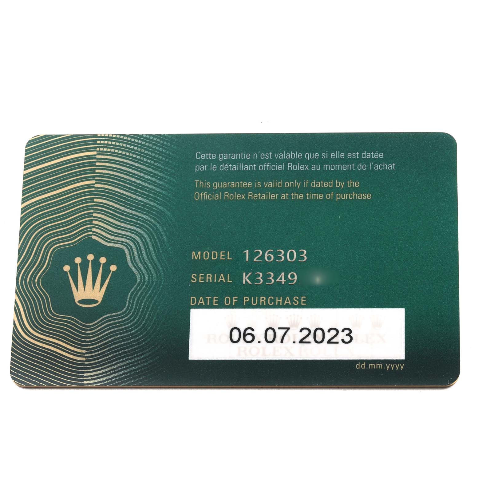 This image shows the warranty card for the Rolex Datejust 41 126303 Men's Steel and Gold (two tone) White Dial 126303 Men's Steel and Gold (two tone) White Dial model, highlighting the model number 126303 and purchase date.
