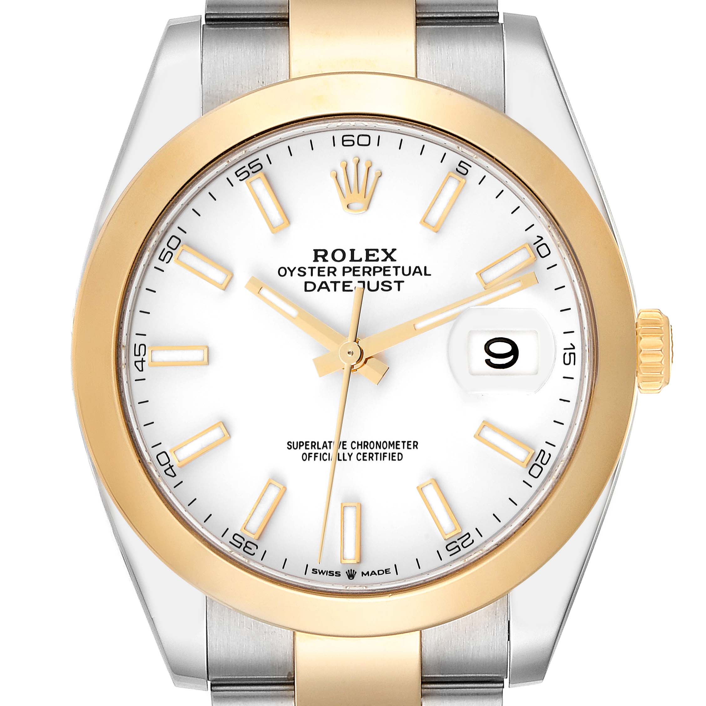 This image shows a front view of the Rolex Datejust 41 126303 Men's Steel and Gold (two tone) White Dial 126303 Men's Steel and Gold (two tone) White Dial watch, displaying the dial, bezel, and part of the bracelet.