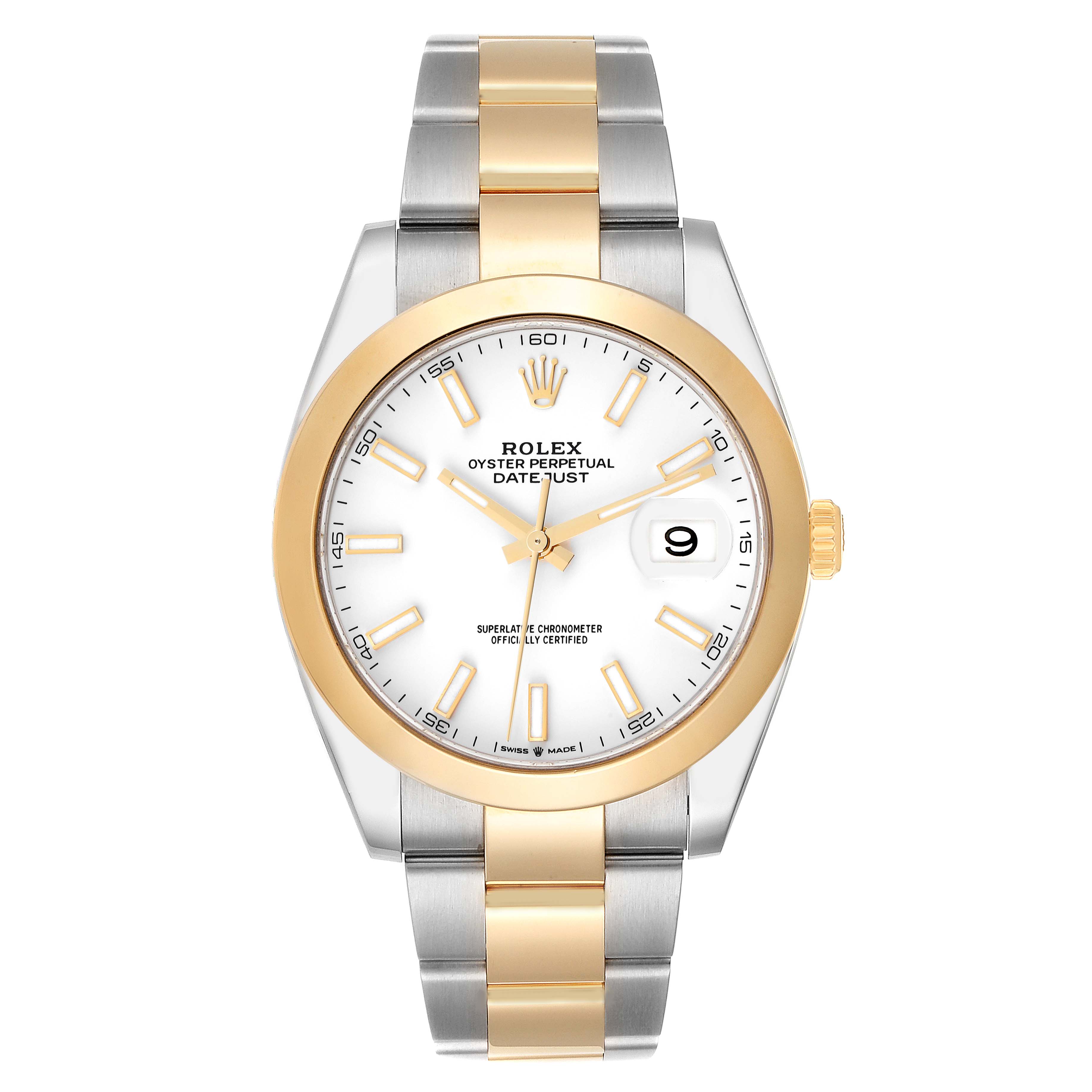 This image shows a front view of a Rolex Datejust 41 126303 Men's Steel and Gold (two tone) White Dial 126303 Men's Steel and Gold (two tone) White Dial watch, showcasing its dial, bezel, and two-tone bracelet.