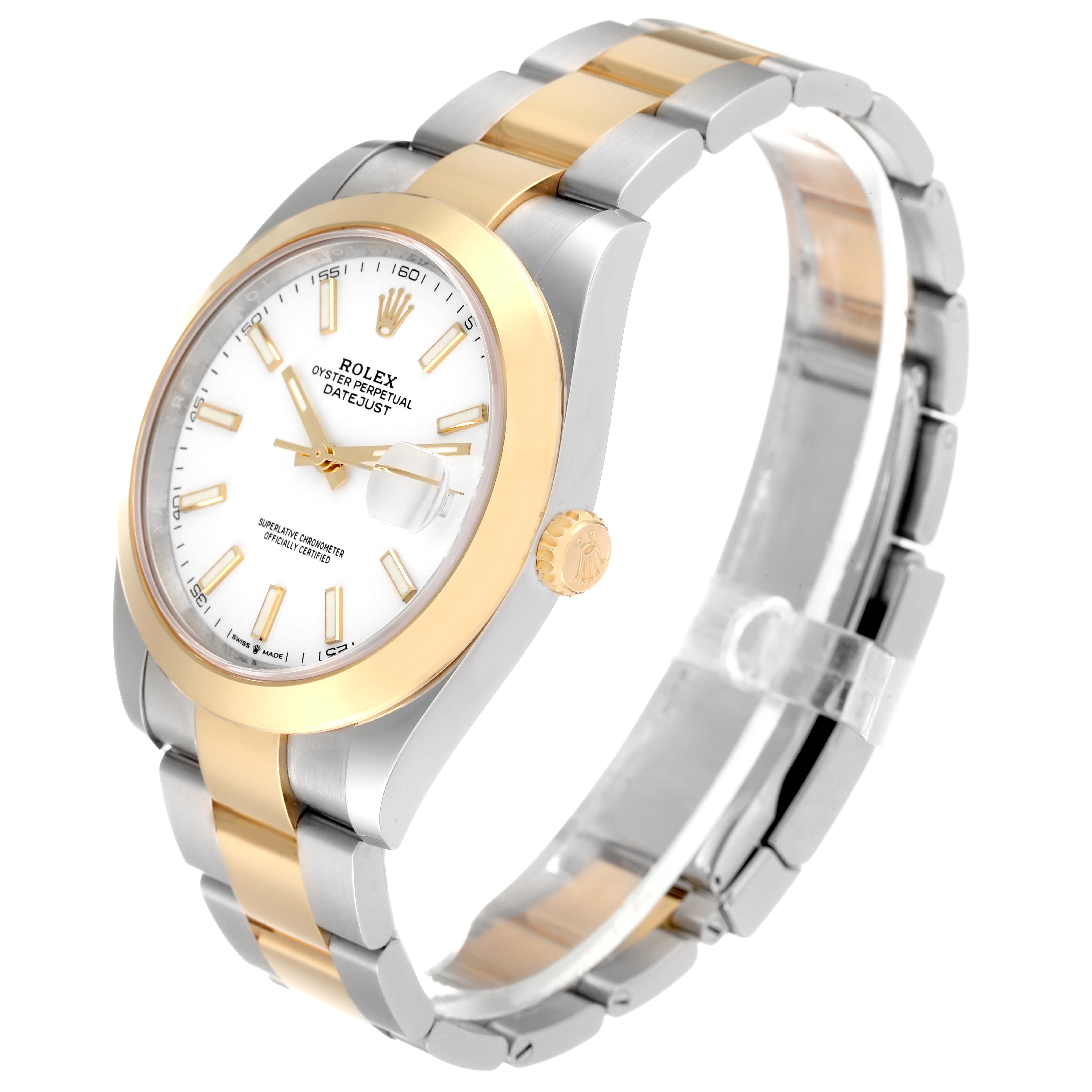 The image shows a Rolex Datejust 41 126303 Men's Steel and Gold (two tone) White Dial 126303 Men's Steel and Gold (two tone) White Dial watch at a three-quarter angle, displaying its dial, bezel, case, and bracelet.