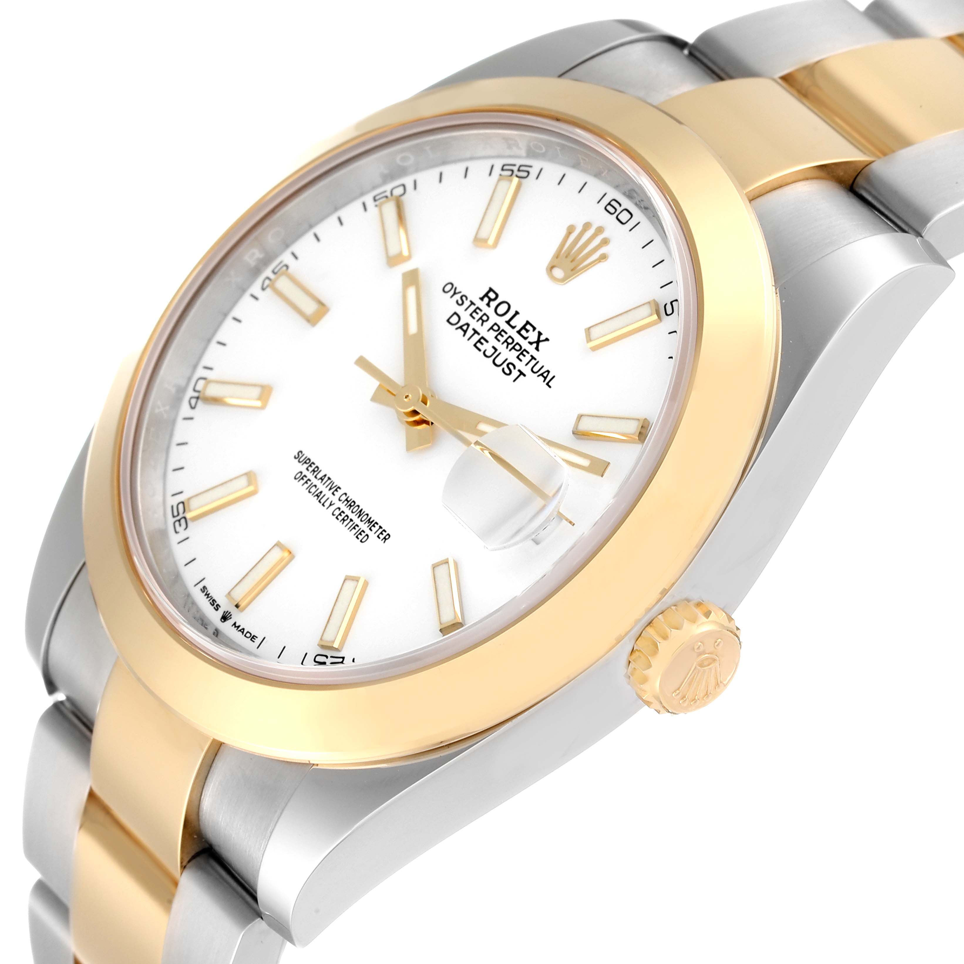This Rolex Datejust 41 126303 Men's Steel and Gold (two tone) White Dial 126303 Men's Steel and Gold (two tone) White Dial watch is shown from a slight side angle, displaying the face, crown, and part of the bracelet.