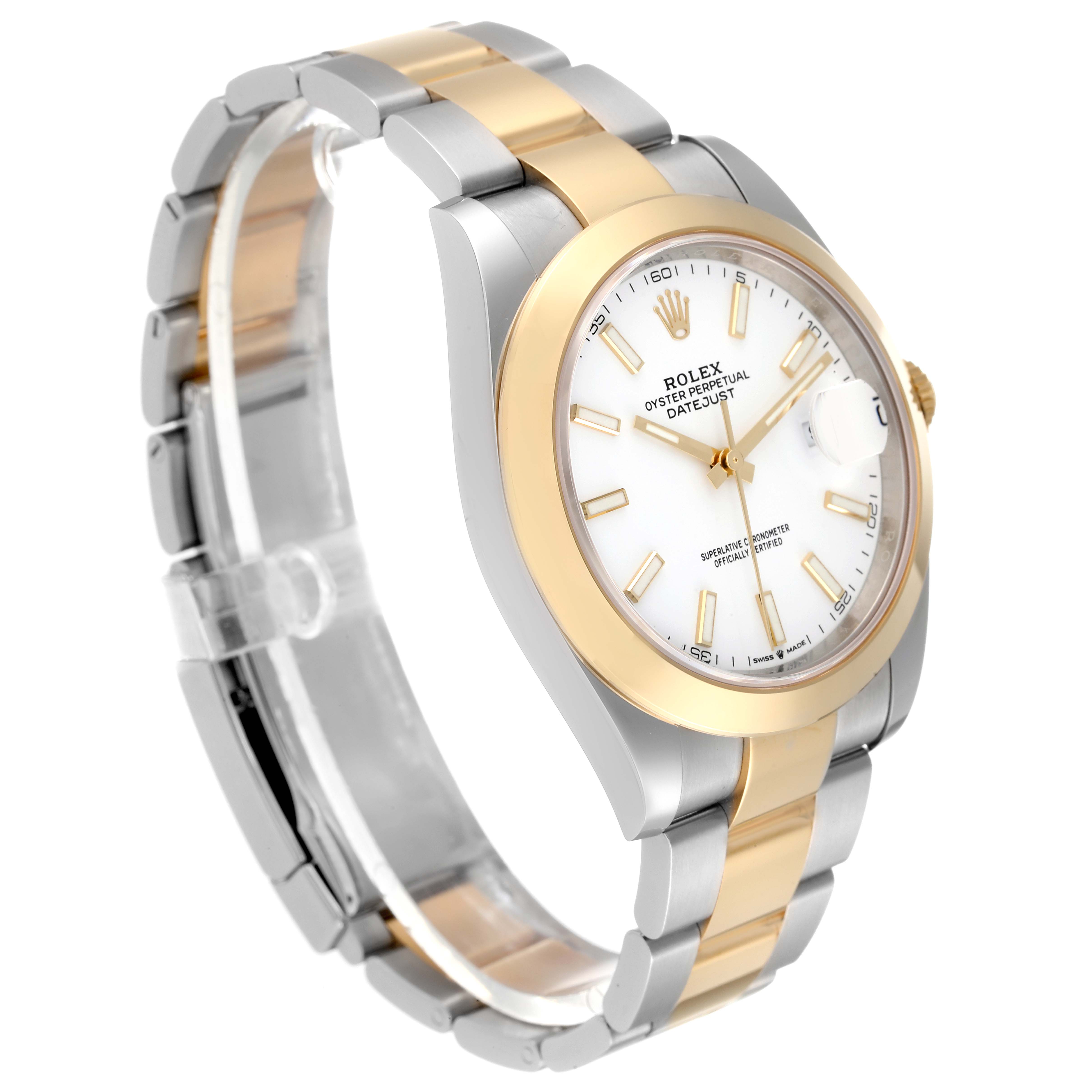 The Rolex Datejust 41 126303 Men's Steel and Gold (two tone) White Dial 126303 Men's Steel and Gold (two tone) White Dial watch is shown from a front-left angle, highlighting its dial, bezel, and two-tone bracelet.