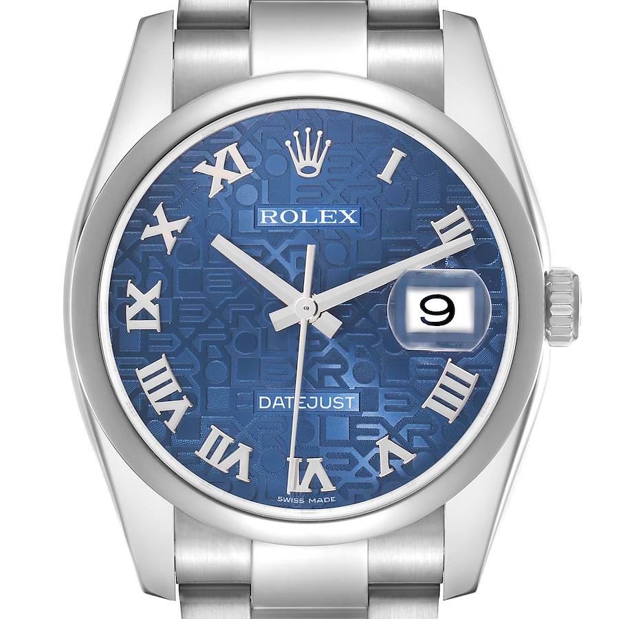The Rolex Datejust model 116200 men's watch is shown from a frontal angle, displaying its blue dial with Roman numerals, date window, and part of the bracelet.