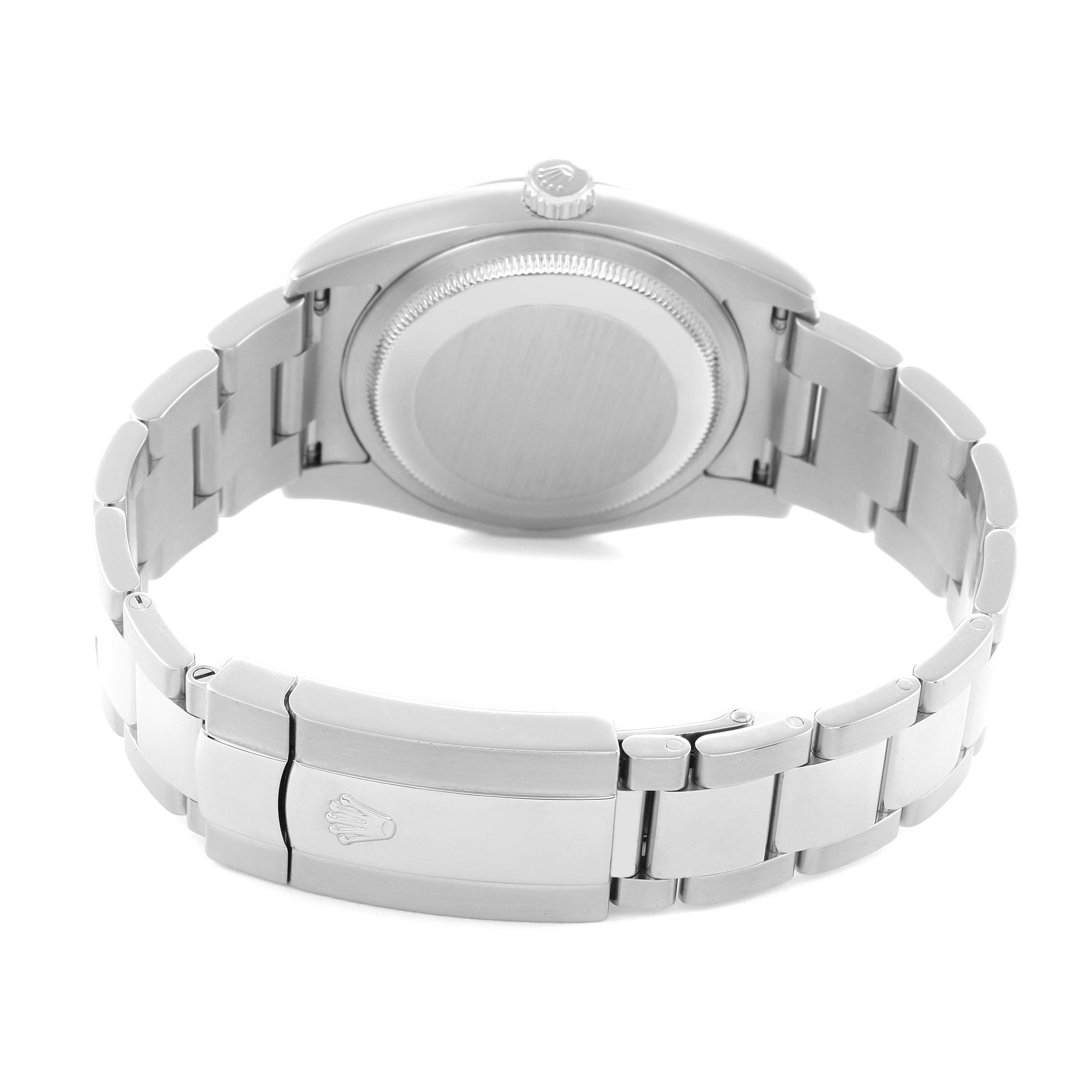 The Rolex Datejust 116200 Men
s Stainless Steel Blue Dial watch is shown from the back, highlighting the case back, crown, and bracelet clasp.