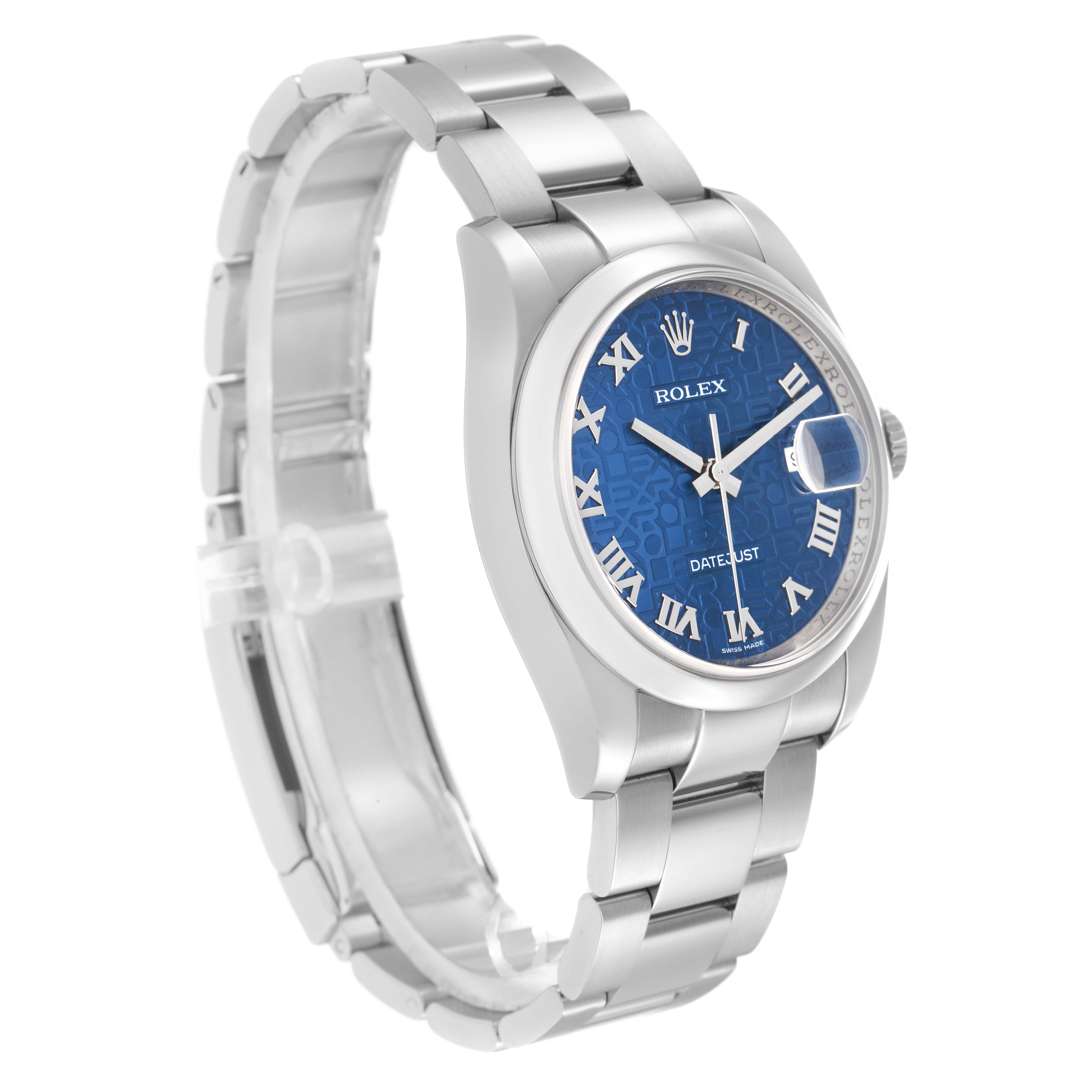 The Rolex Datejust 116200 Men
s Stainless Steel Blue Dial watch is shown at a three-quarter angle, highlighting the band and blue dial with Roman numerals.