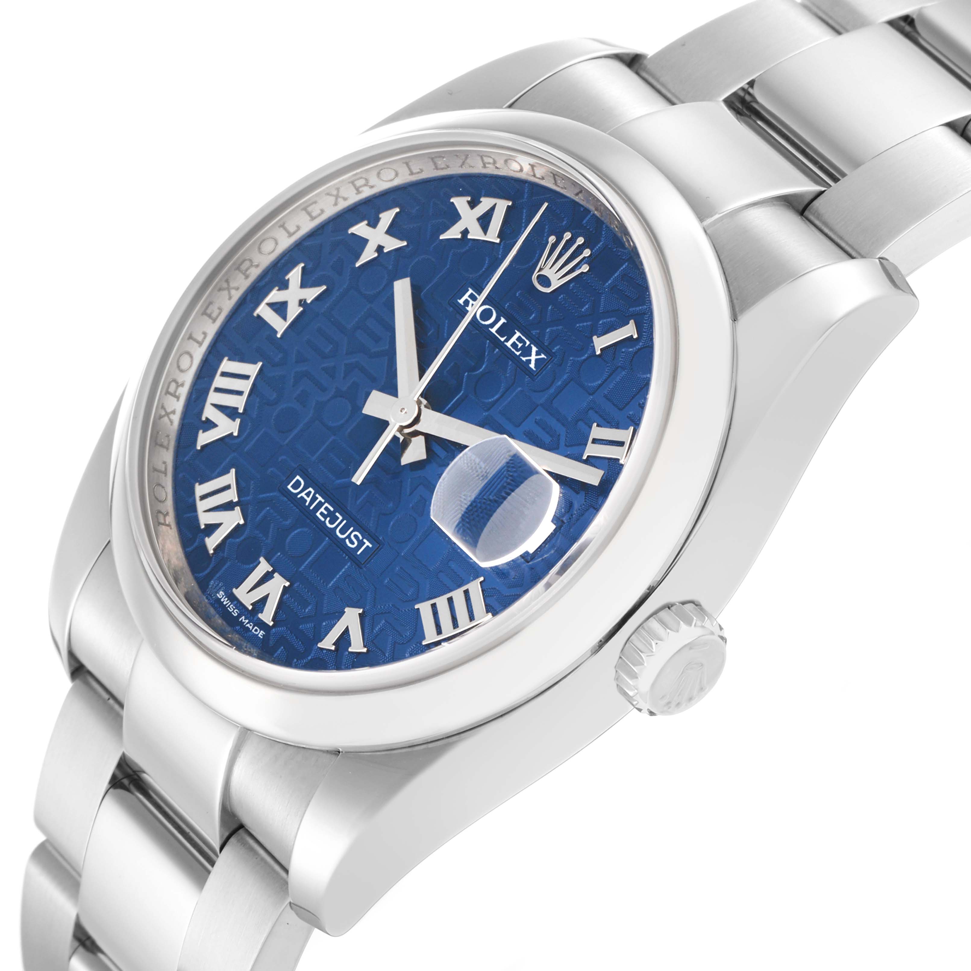 The Rolex Datejust 116200 Men
s Stainless Steel Blue Dial watch is shown from a side angle, displaying the dial, bracelet, and crown.