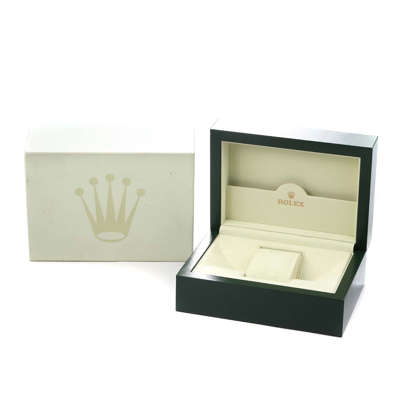 The image shows an open Rolex Datejust 116200 Men
s Stainless Steel Blue Dial box and its outer packaging, showcasing the Rolex logo.