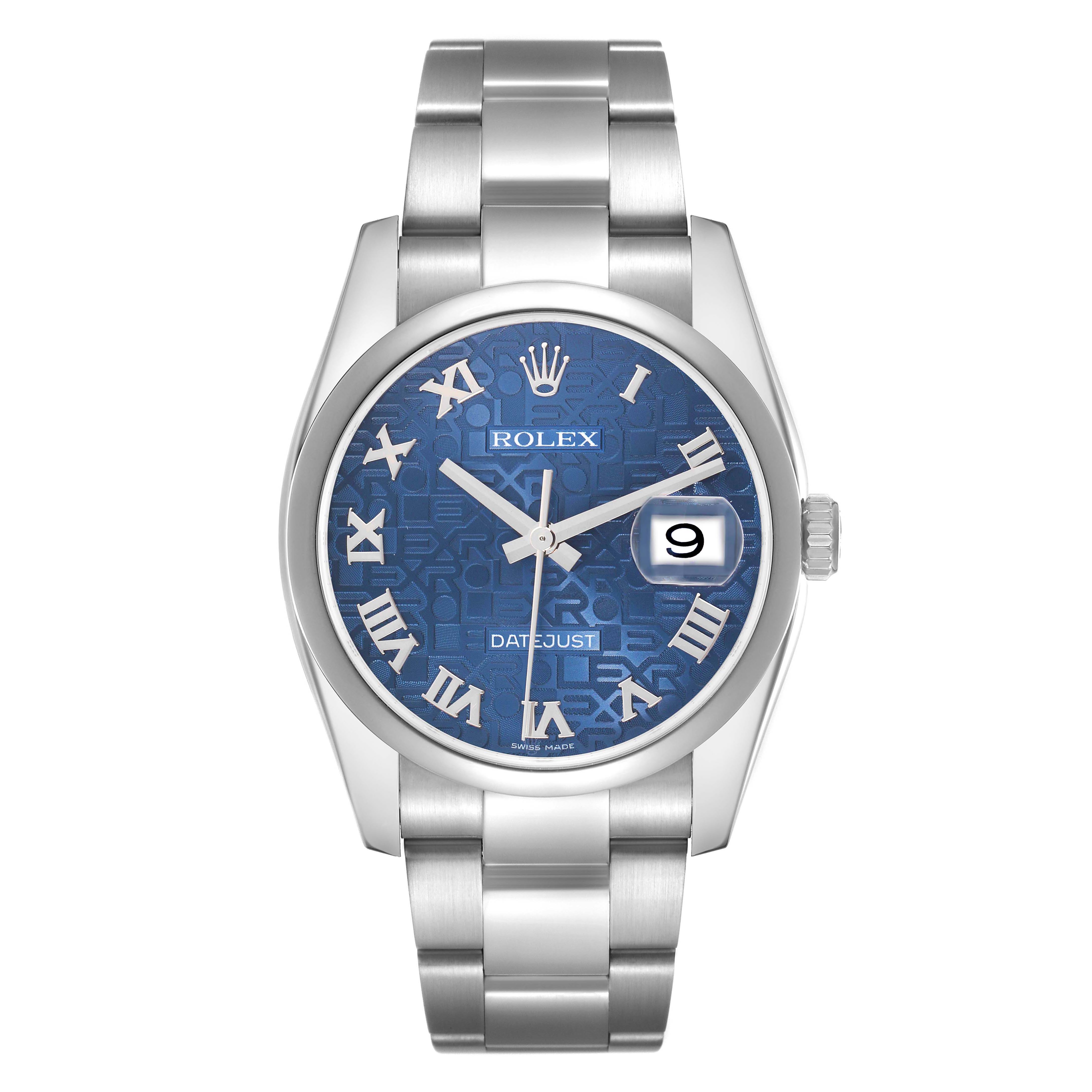 The Rolex Datejust 116200 Men
s Stainless Steel Blue Dial watch is shown from the front, highlighting the dial, bezel, bracelet, and crown.