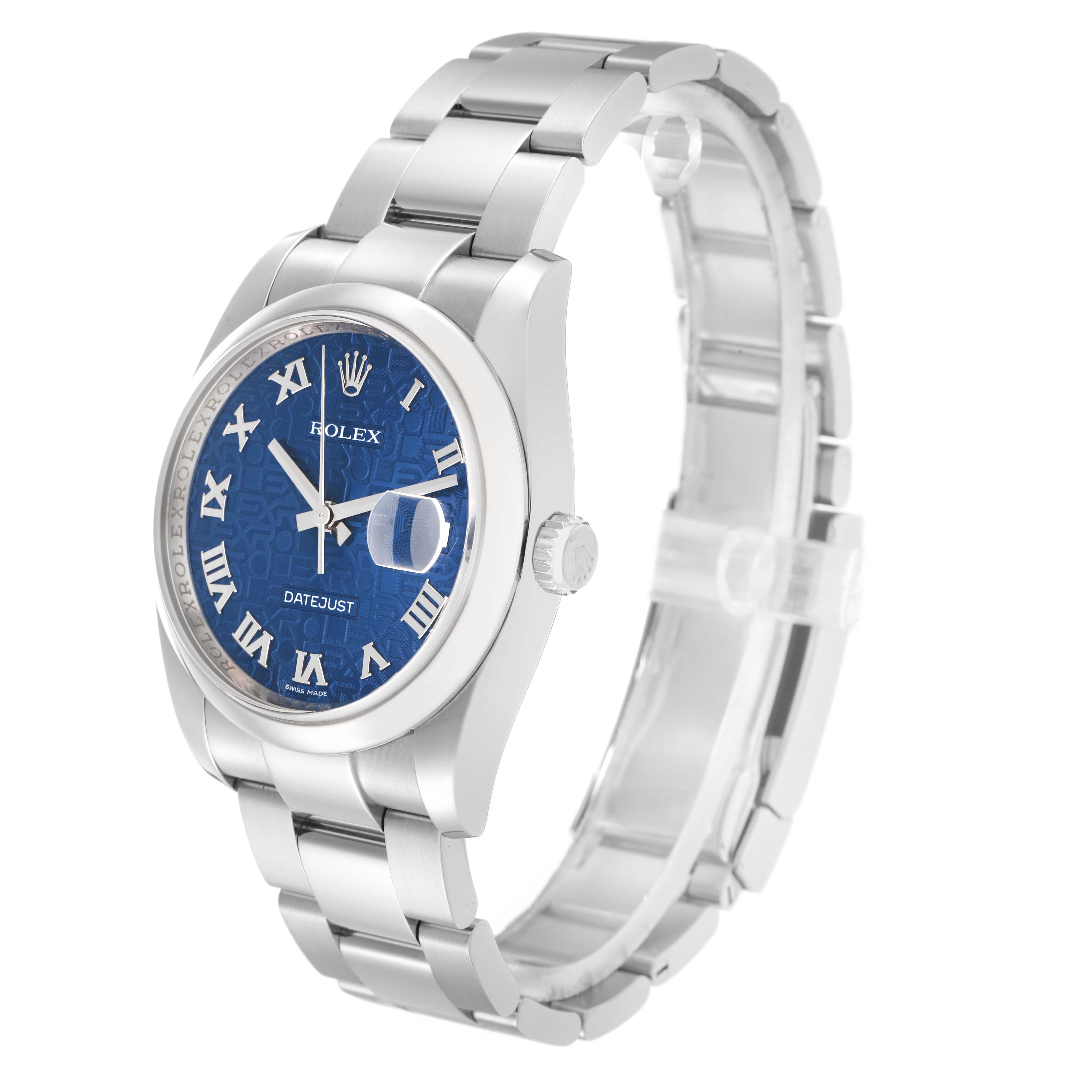 The Rolex Datejust 116200 Men
s Stainless Steel Blue Dial watch is shown at a three-quarter angle, revealing the bracelet, case, and blue dial with Roman numerals.