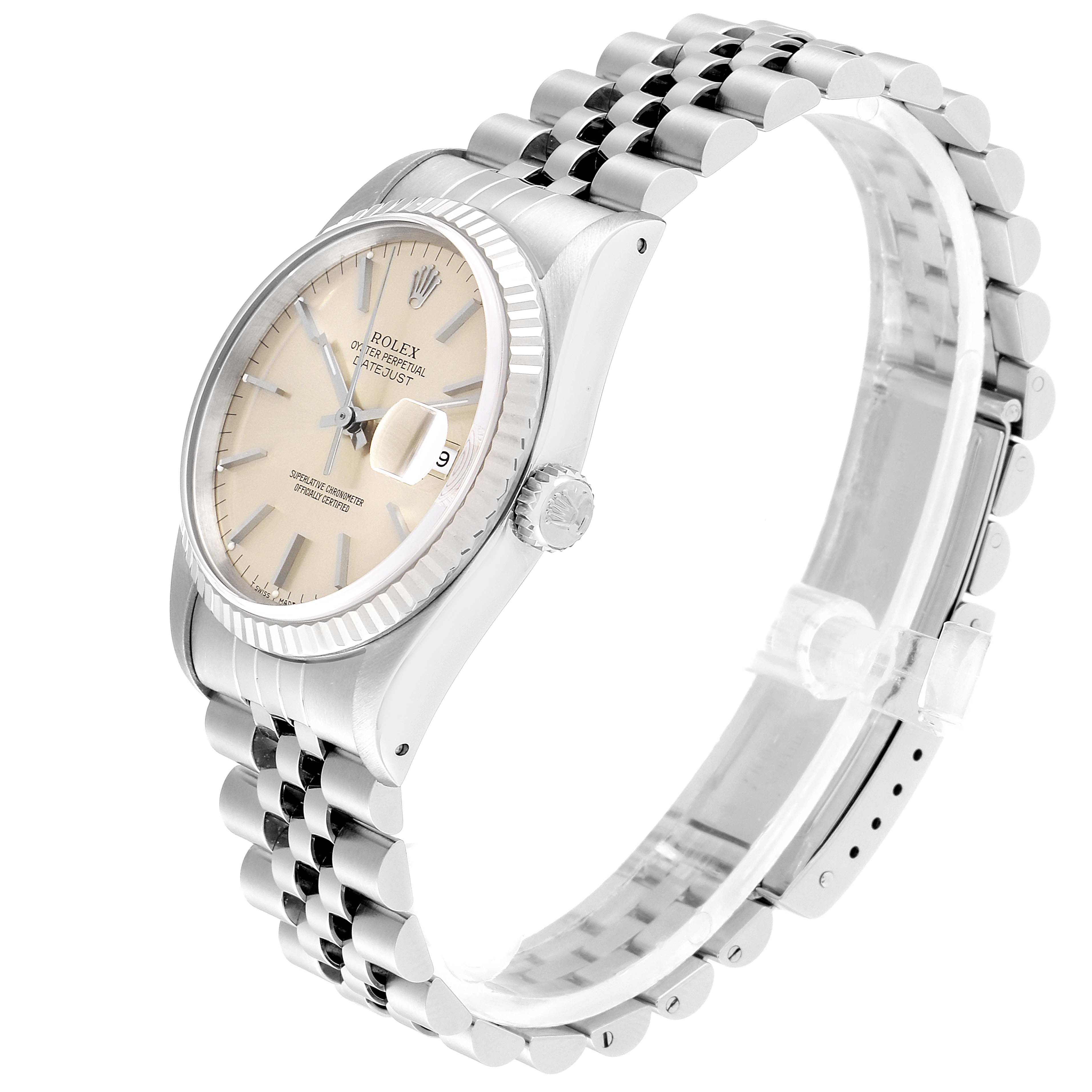 This Rolex Datejust 16234 Men's Stainless Steel Silver Dial 16234 Men's Stainless Steel Silver Dial watch is shown at an angle highlighting the dial, crown, bezel, and jubilee bracelet.