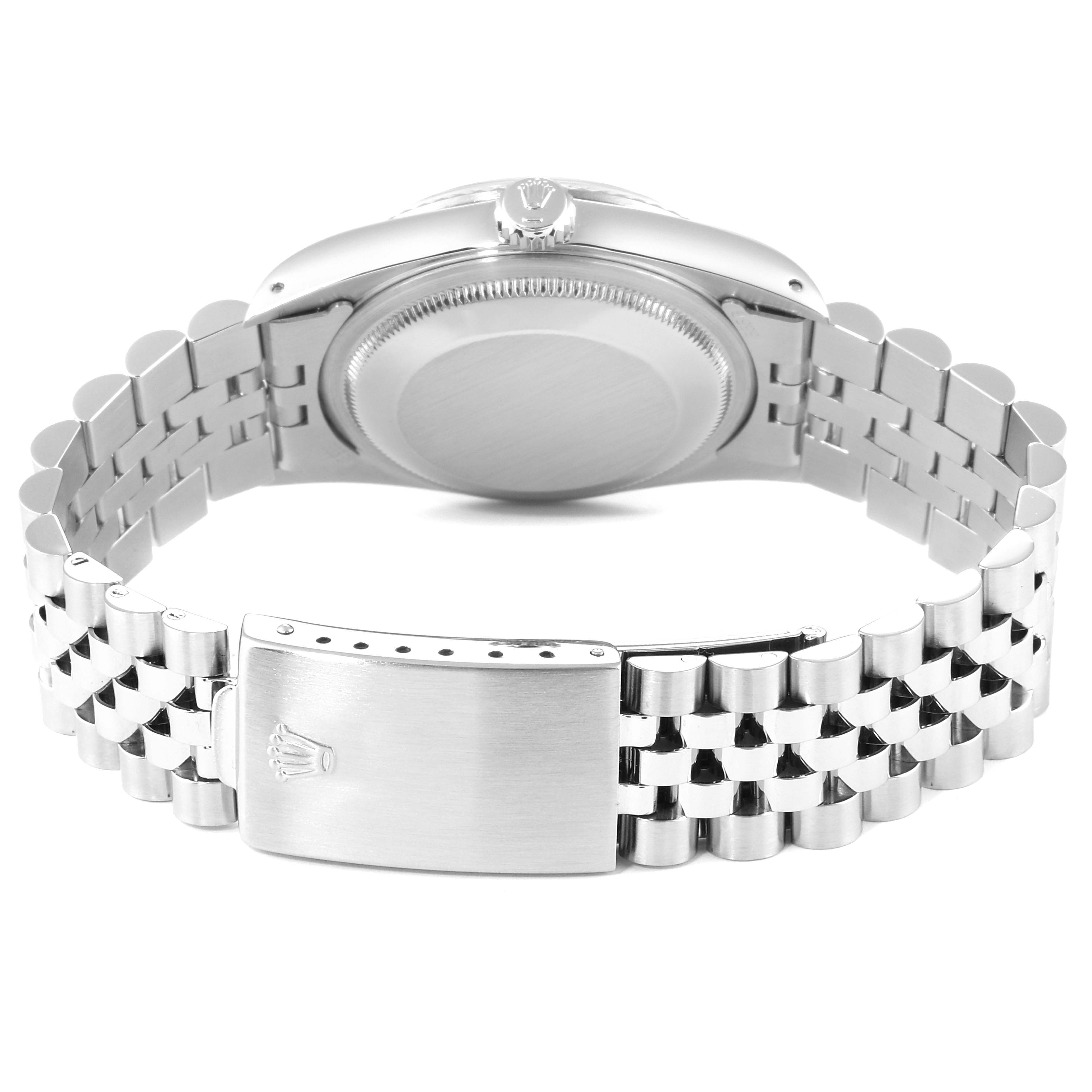 This image shows the back view and bracelet clasp of a Rolex Datejust 16234 Men's Stainless Steel Silver Dial 16234 Men's Stainless Steel Silver Dial watch.