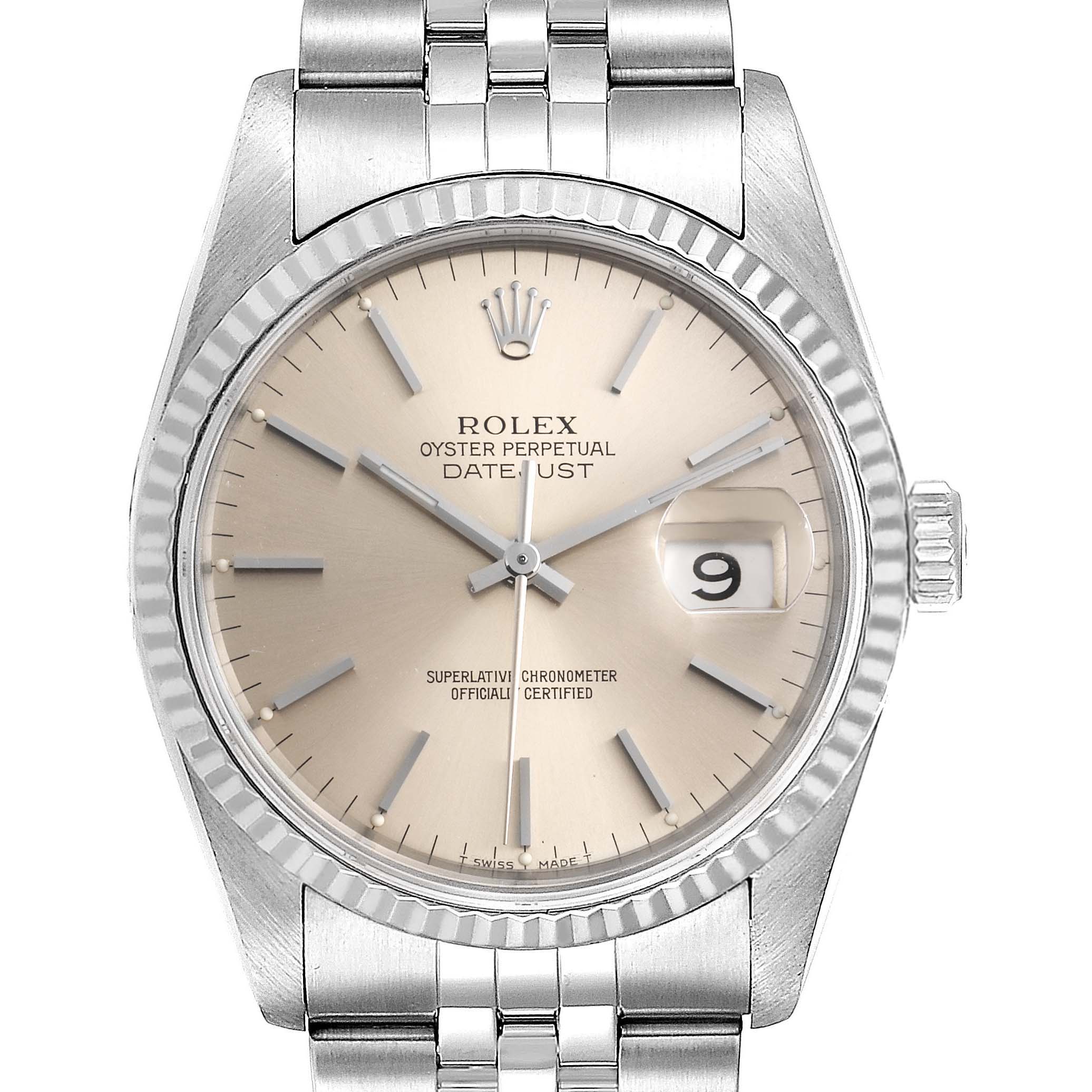 The image shows a front view of a Rolex Datejust 16234 Men's Stainless Steel Silver Dial 16234 Men's Stainless Steel Silver Dial watch, displaying the dial, hands, date window, and part of the bracelet.