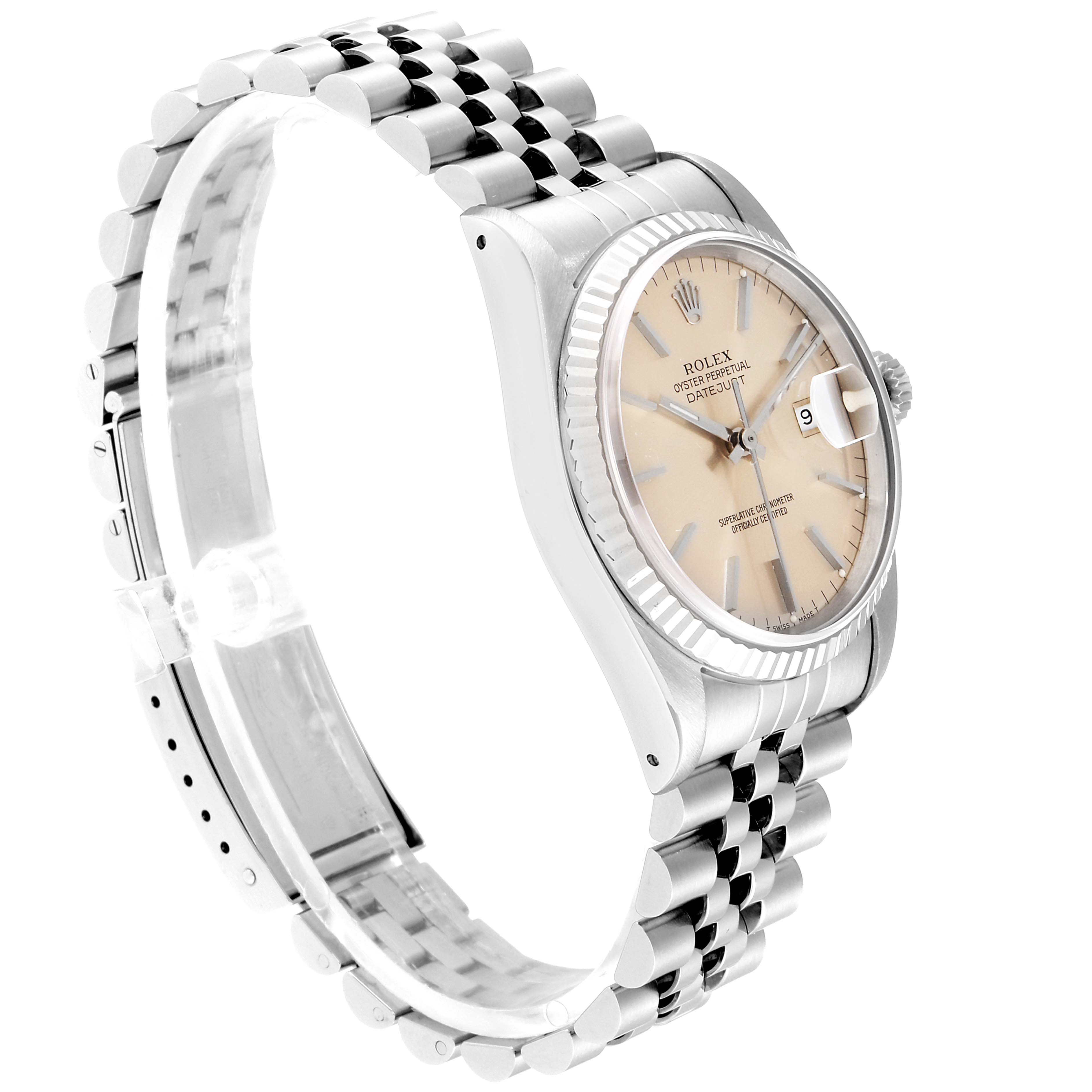 The image shows a side angle of a Rolex Datejust 16234 Men's Stainless Steel Silver Dial 16234 Men's Stainless Steel Silver Dial watch, highlighting its face, bezel, and bracelet.