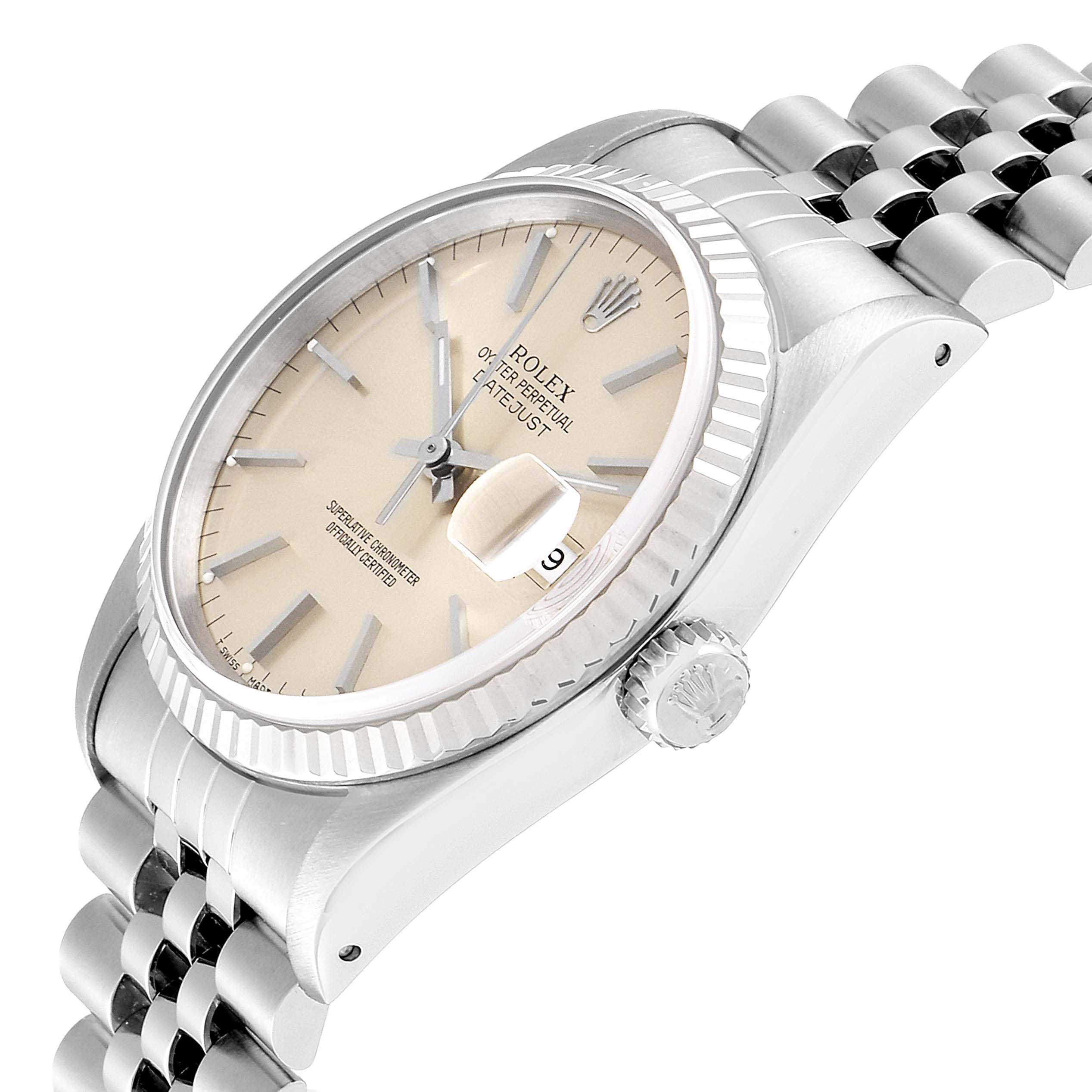 The image shows a Rolex Datejust 16234 Men's Stainless Steel Silver Dial 16234 Men's Stainless Steel Silver Dial watch at a 45-degree angle, highlighting the face, bezel, crown, and bracelet.