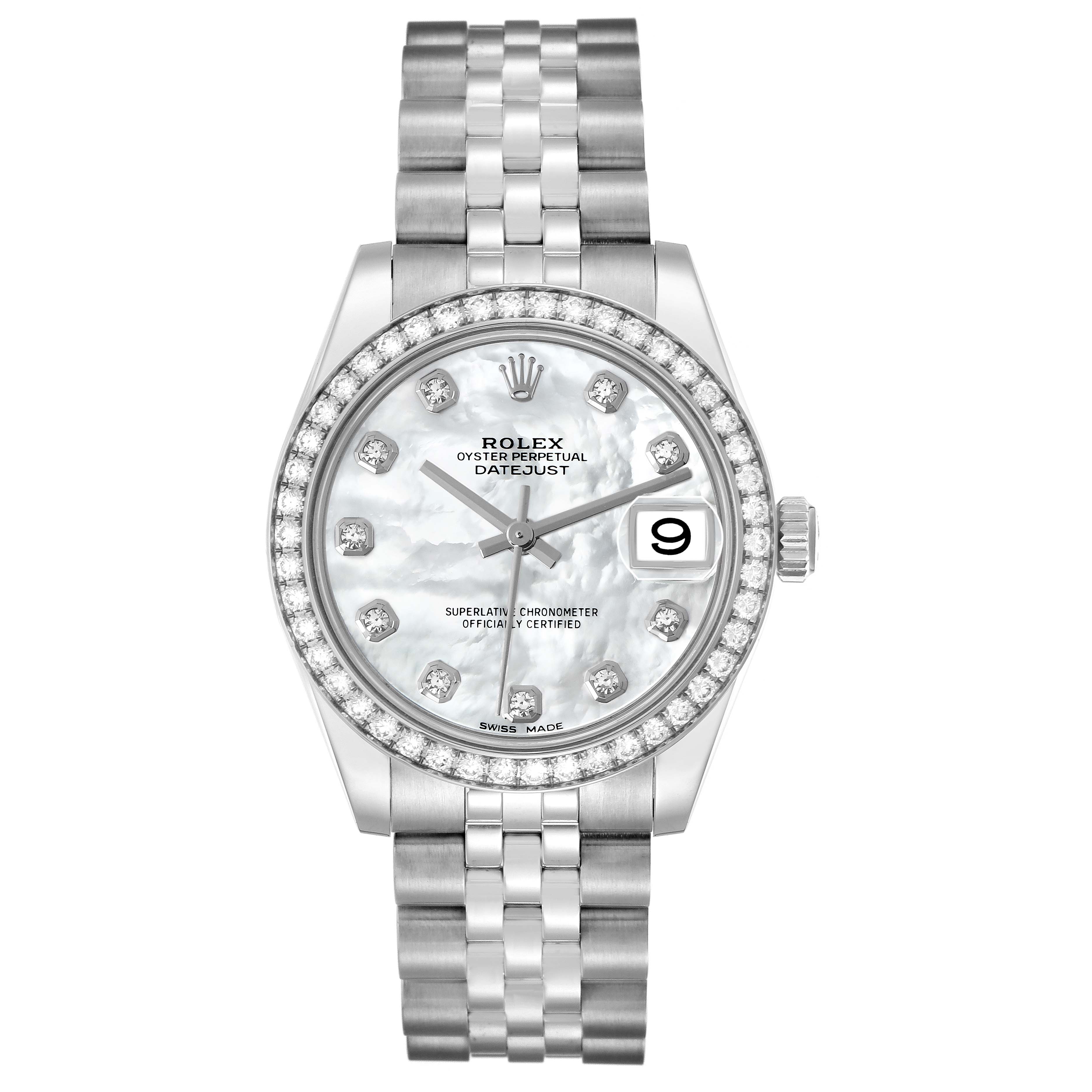 The Rolex Mid-Size 178384 Women
s Stainless Steel Mother of Pearl Dial Datejust is shown from a top-down angle, highlighting its dial, bezel, and bracelet.