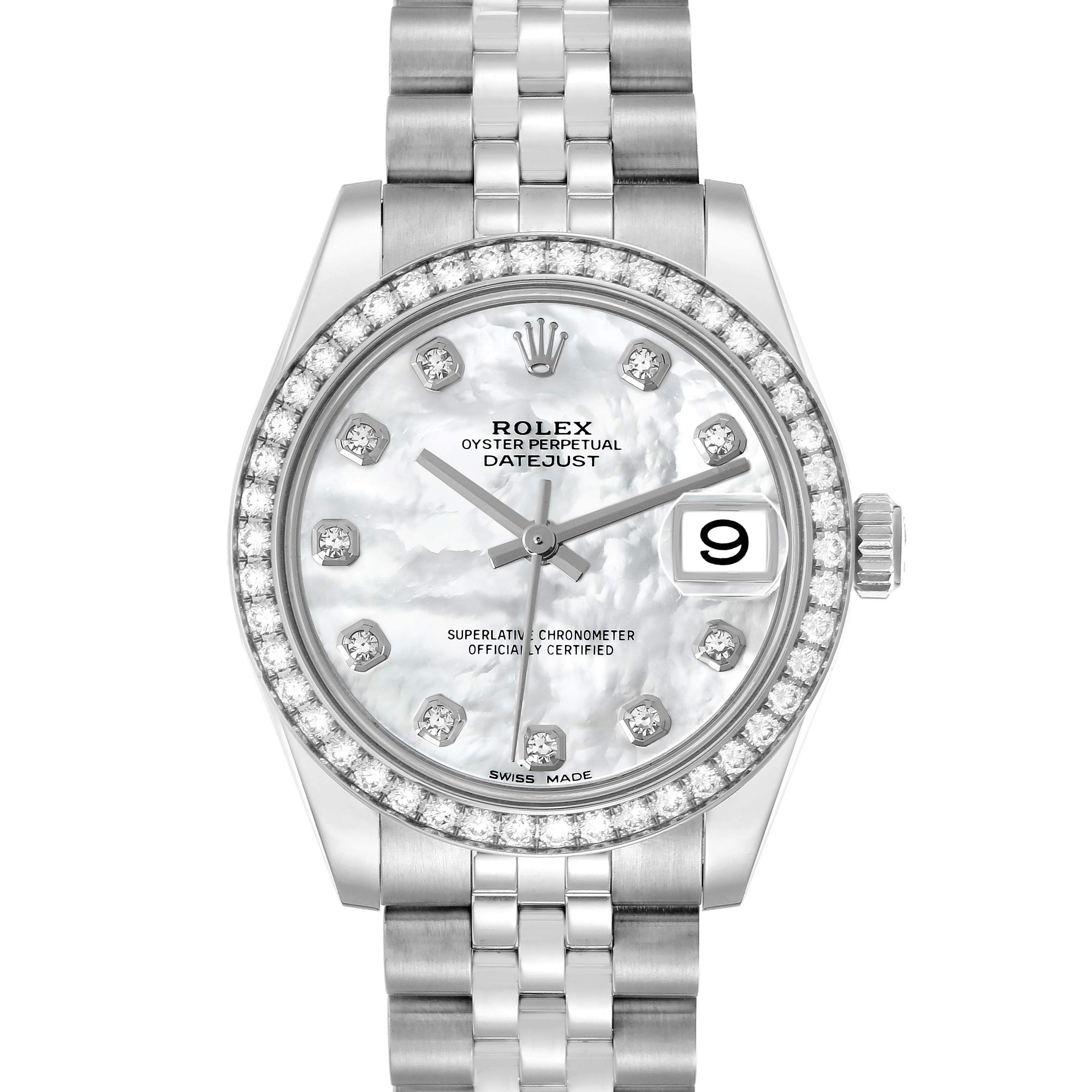The Rolex Datejust Mid-Size watch is shown from a front angle, displaying the dial, bezel, and bracelet.