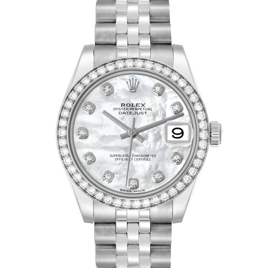 The Rolex Datejust model 178384 is shown from a top-down angle, highlighting its dial, bezel, and bracelet.