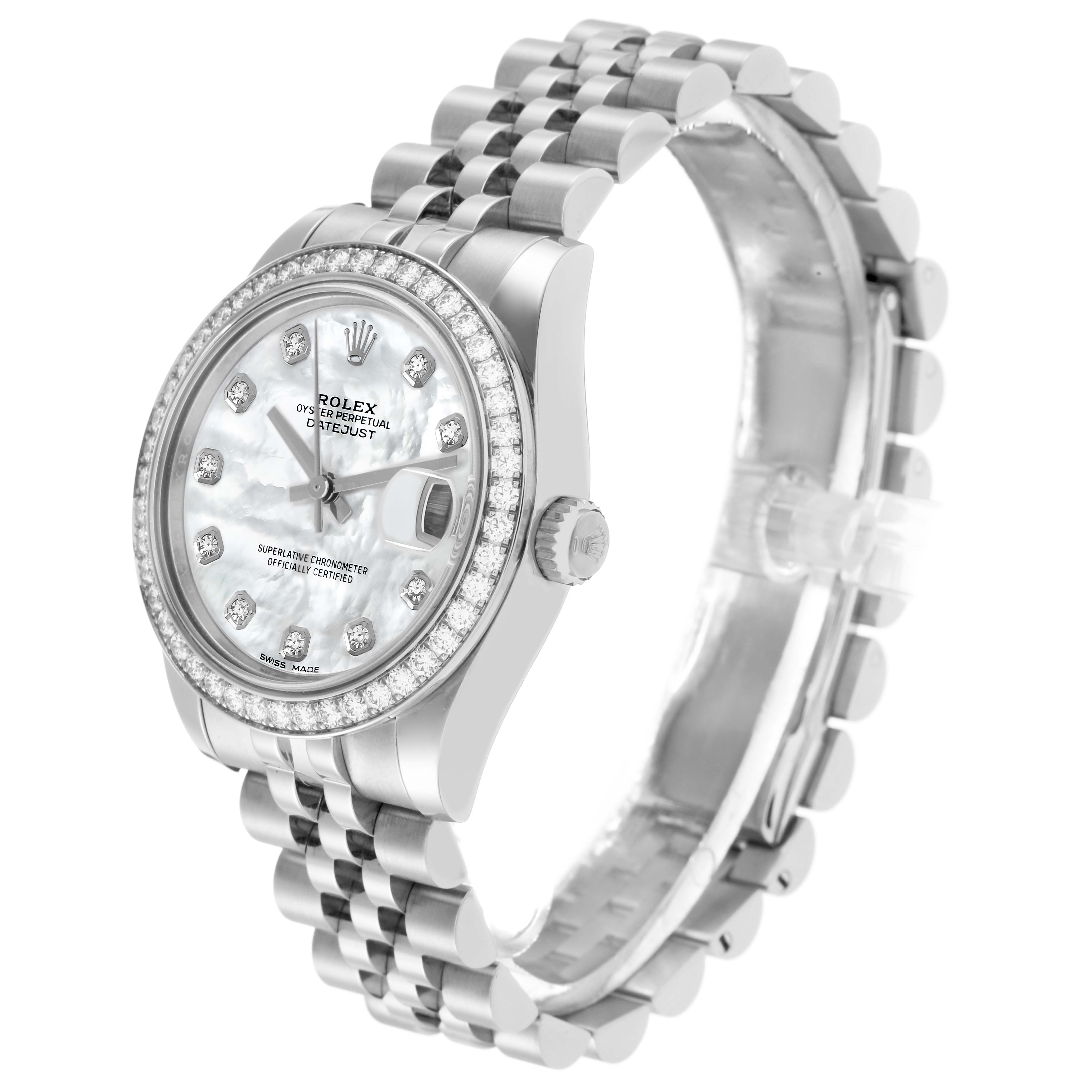 The Rolex Mid-Size 178384 Women
s Stainless Steel Mother of Pearl Dial watch is shown at a three-quarter angle, displaying the face, bezel, and bracelet.