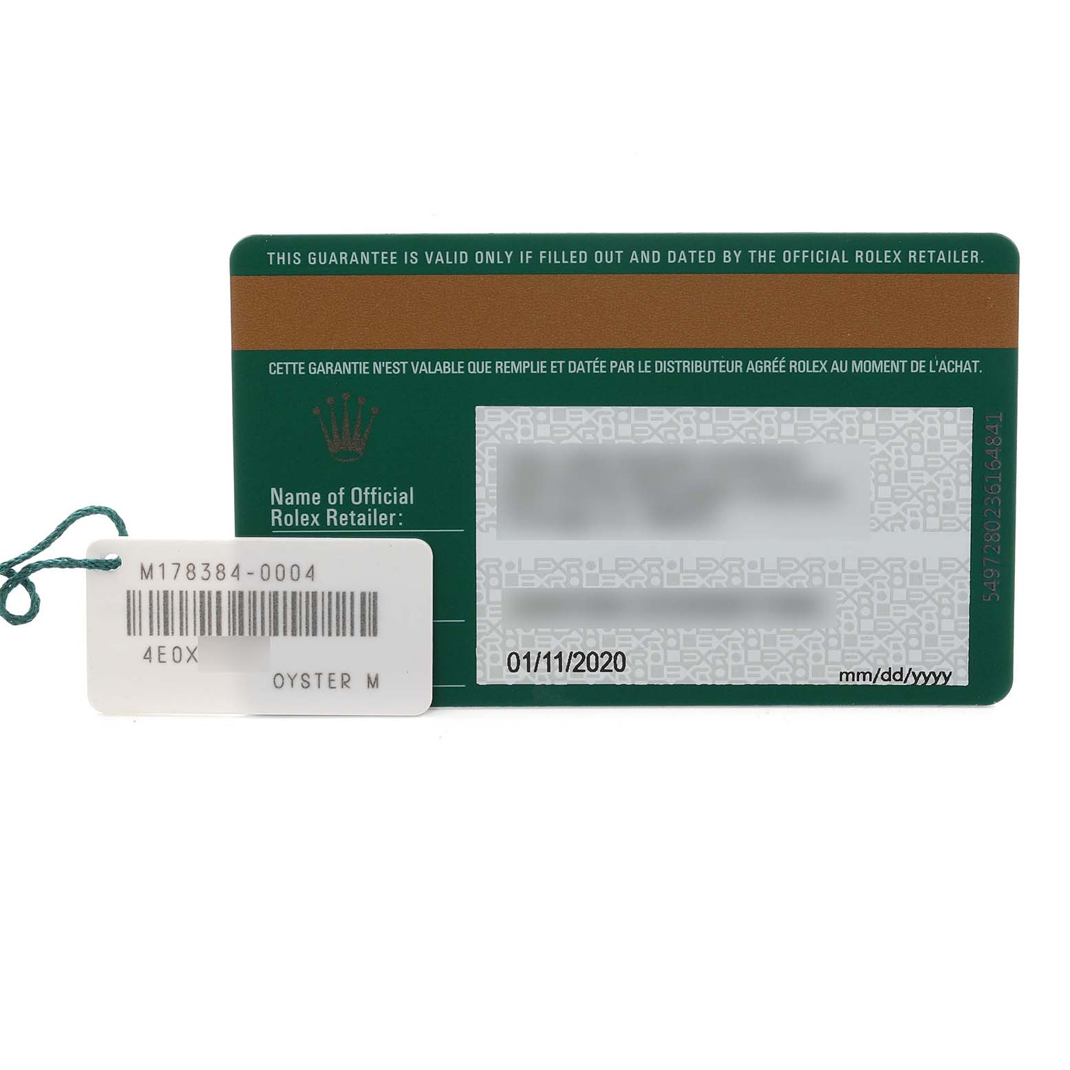 The image shows a warranty card and tag for a Rolex Mid-Size 178384 Women
s Stainless Steel Mother of Pearl Dial Oyster model, viewed from the front.