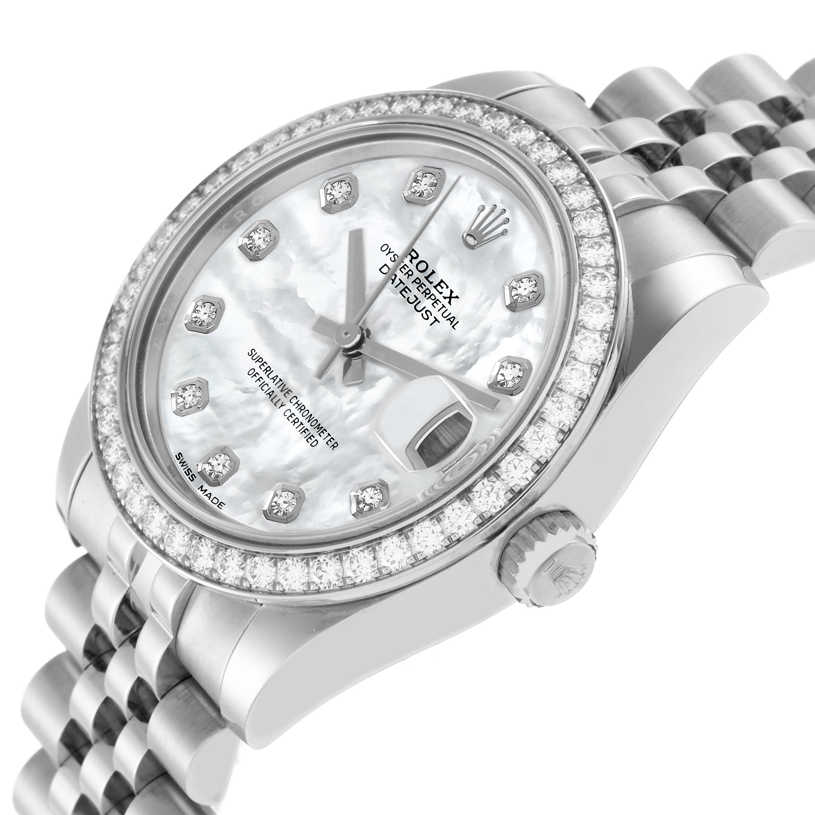 The Rolex Mid-Size 178384 Women
s Stainless Steel Mother of Pearl Dial watch is shown from a side angle highlighting the face, diamond bezel, and Jubilee bracelet.
