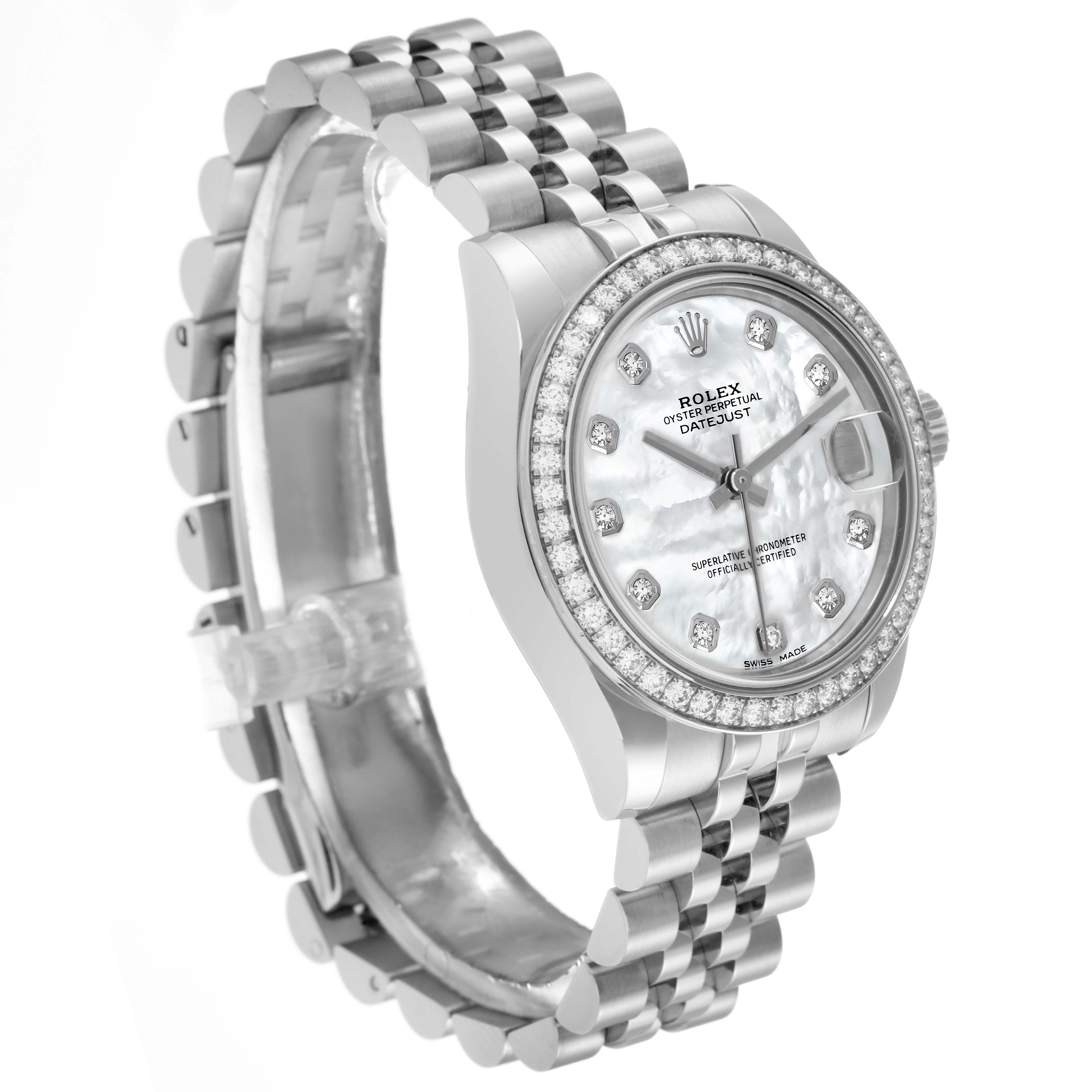 The Rolex Mid-Size 178384 Women
s Stainless Steel Mother of Pearl Dial Datejust is shown at a side angle, displaying the face, bezel, and part of the metal bracelet.